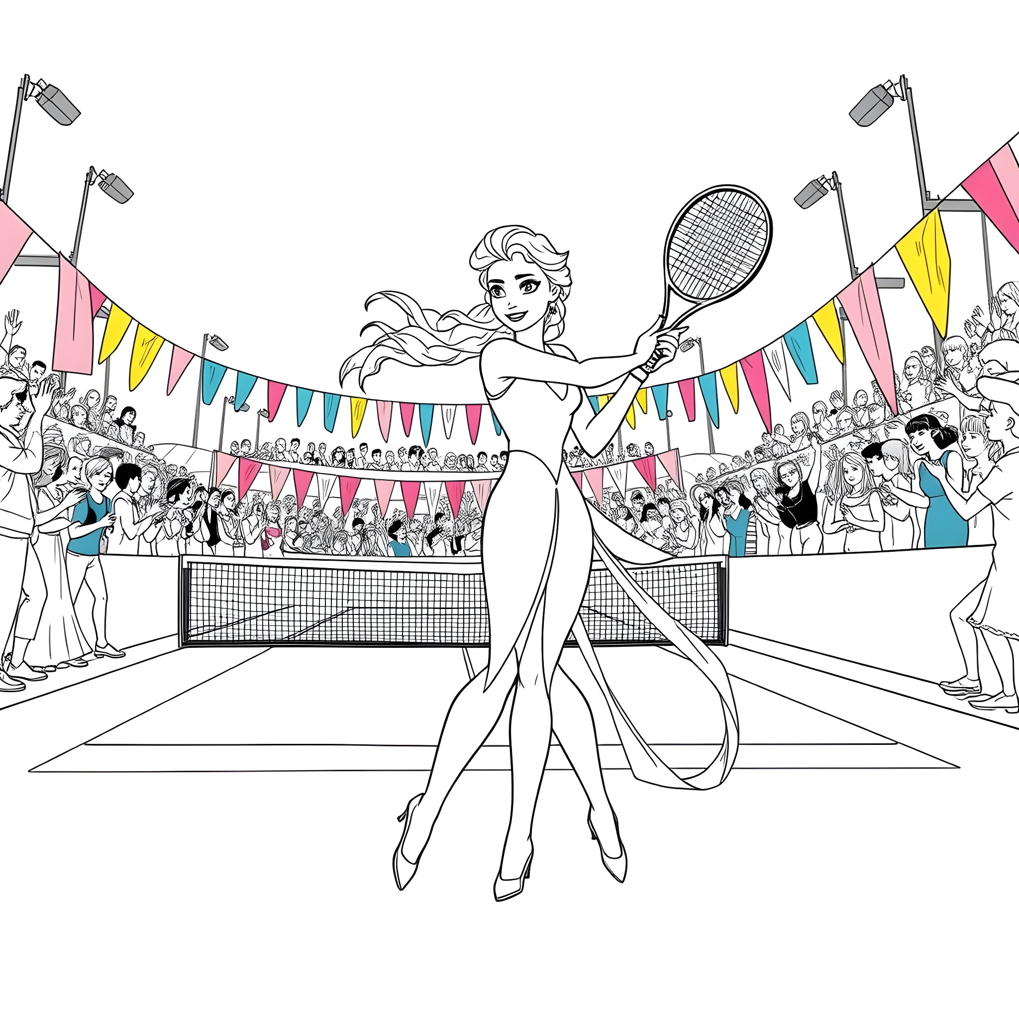 Elsa playing tennis in a festive stadium Coloring Page (free black-and-white line drawing printable PDF for all, from beginners to advanced learners, including children, teens, adults, and seniors)