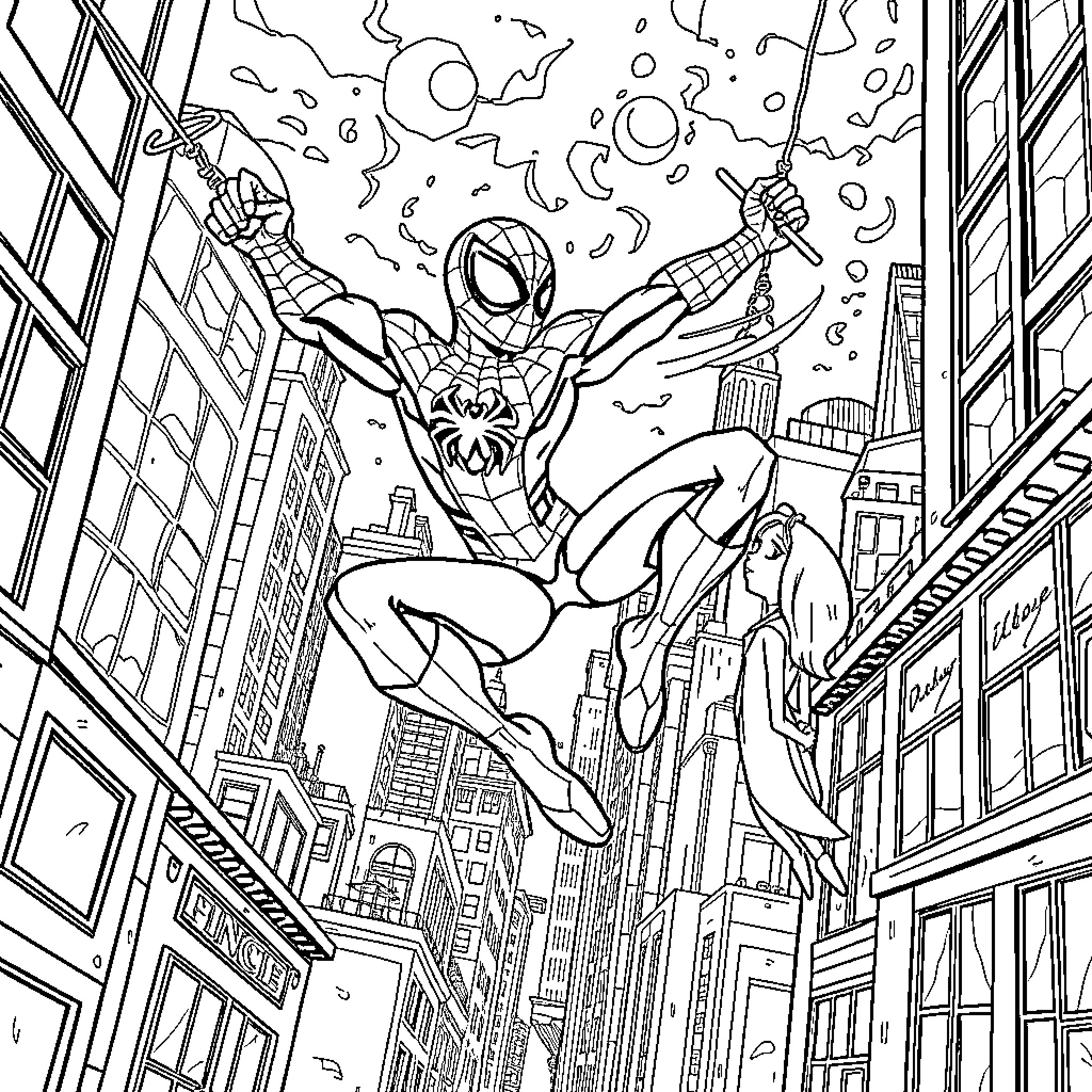 Spider-Man swinging above the city in action Coloring Page (free black-and-white line drawing printable PDF for all, from beginners to advanced learners, including children, teens, adults, and seniors)