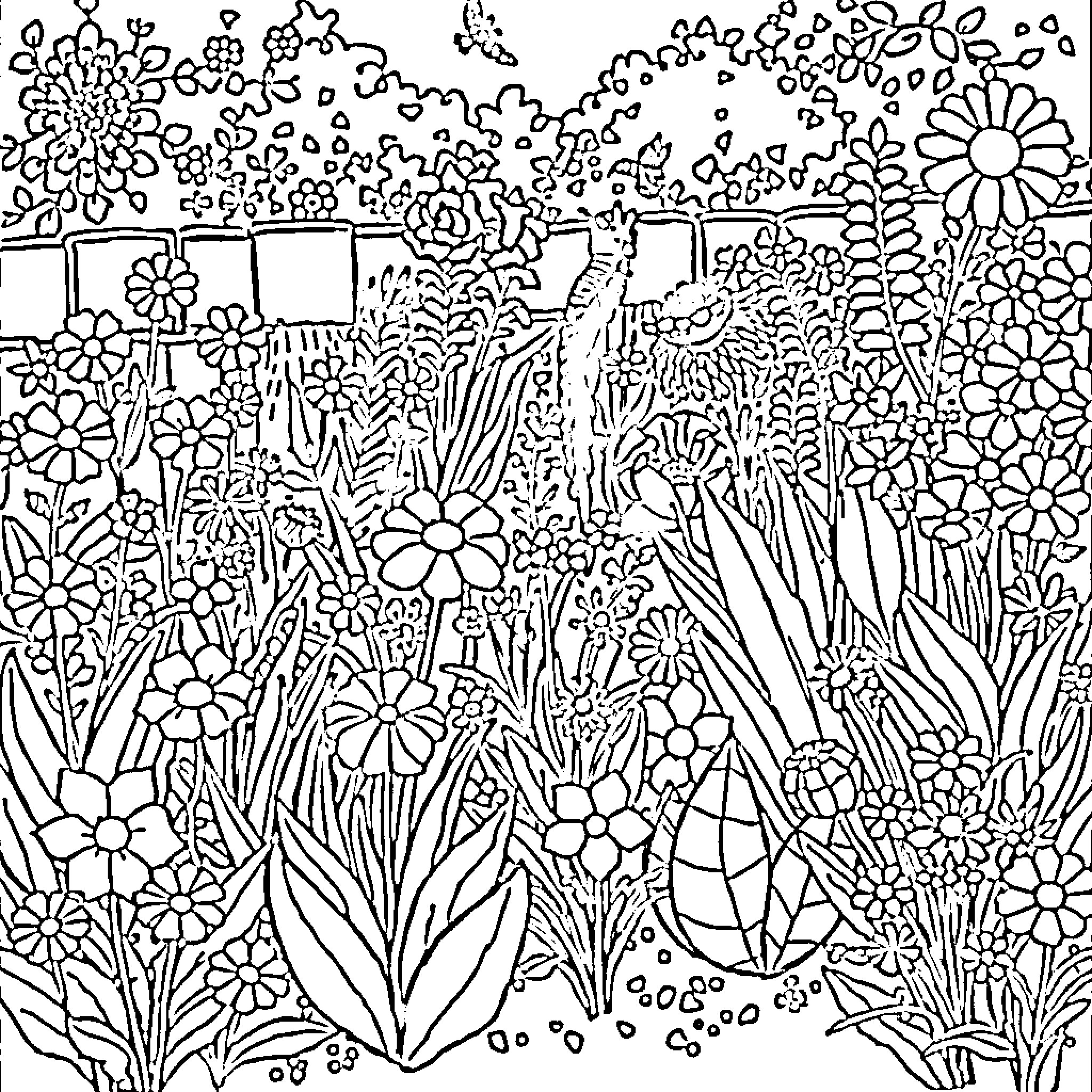 Plant Garden with Diverse Floral Patterns Coloring Page (free black-and-white line drawing printable PDF for all, from beginners to advanced learners, including children, teens, adults, and seniors)