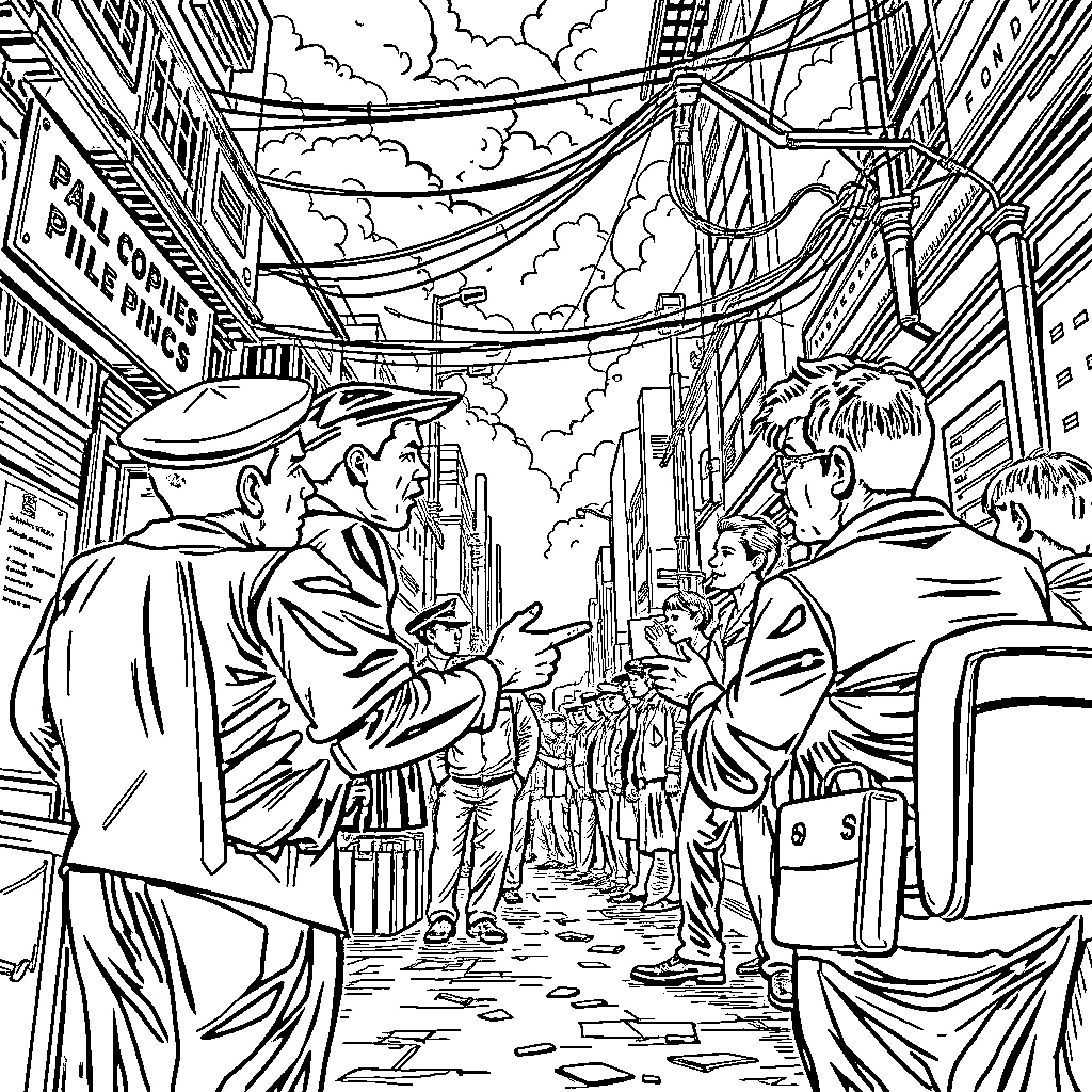 Corruption in the Dark City Streets Coloring Page (free black-and-white line drawing printable PDF for all, from beginners to advanced learners, including children, teens, adults, and seniors)