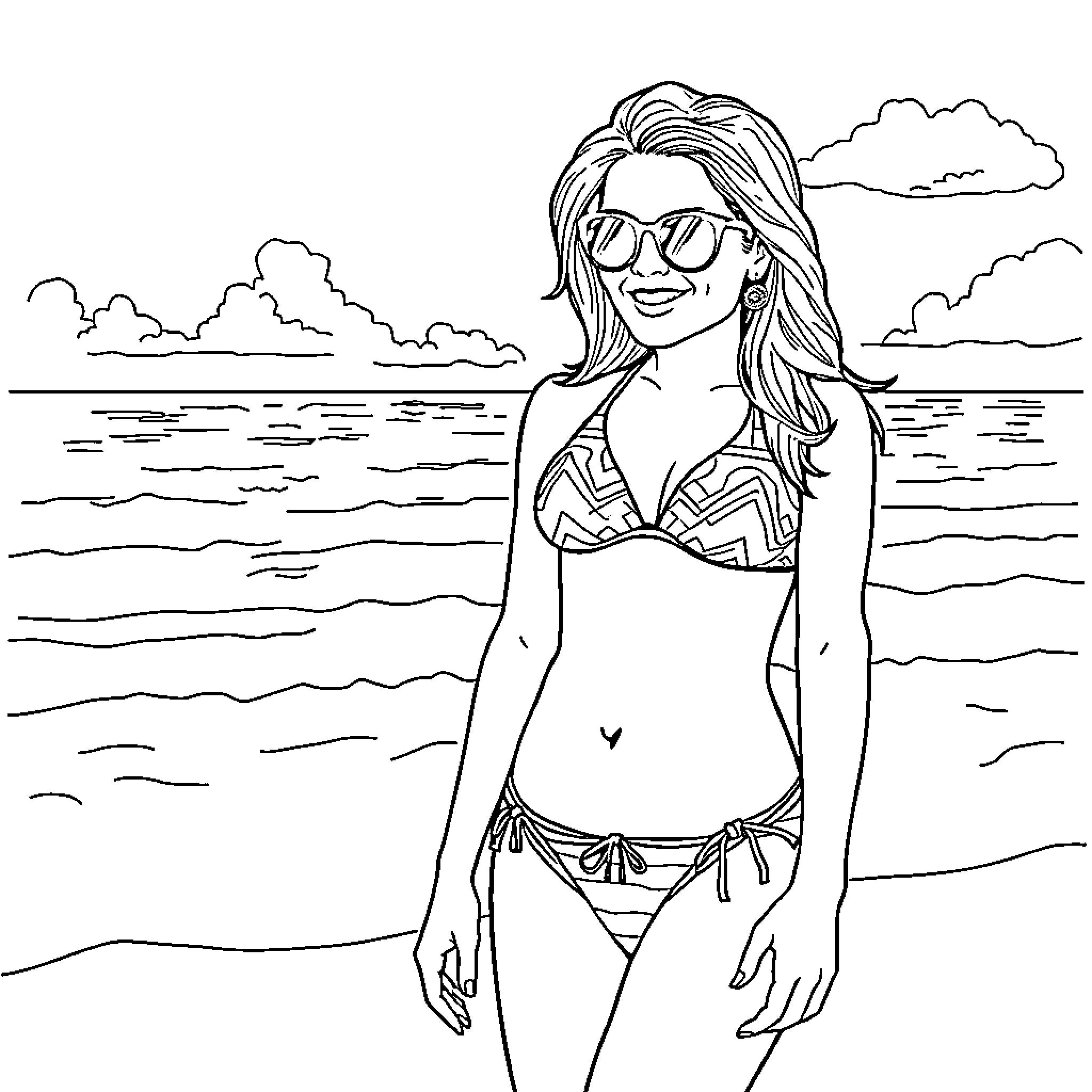 Sara Palin enjoying a day at the beach Coloring Page (free black-and-white line drawing printable PDF for all, from beginners to advanced learners, including children, teens, adults, and seniors)