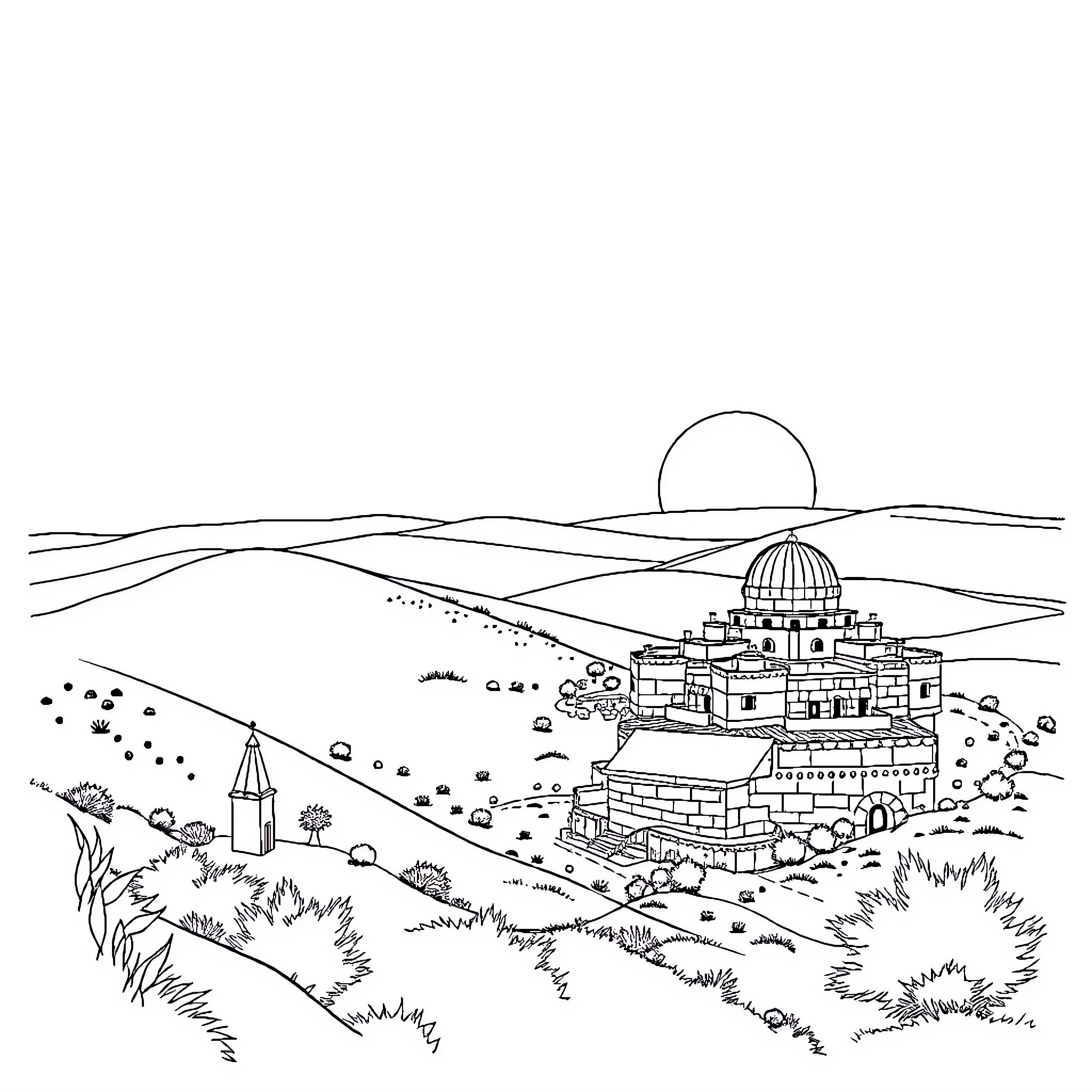 Israel's Architectural Landscape: A Serene Skyline Coloring Page (free black-and-white line drawing printable PDF for all, from beginners to advanced learners, including children, teens, adults, and seniors)