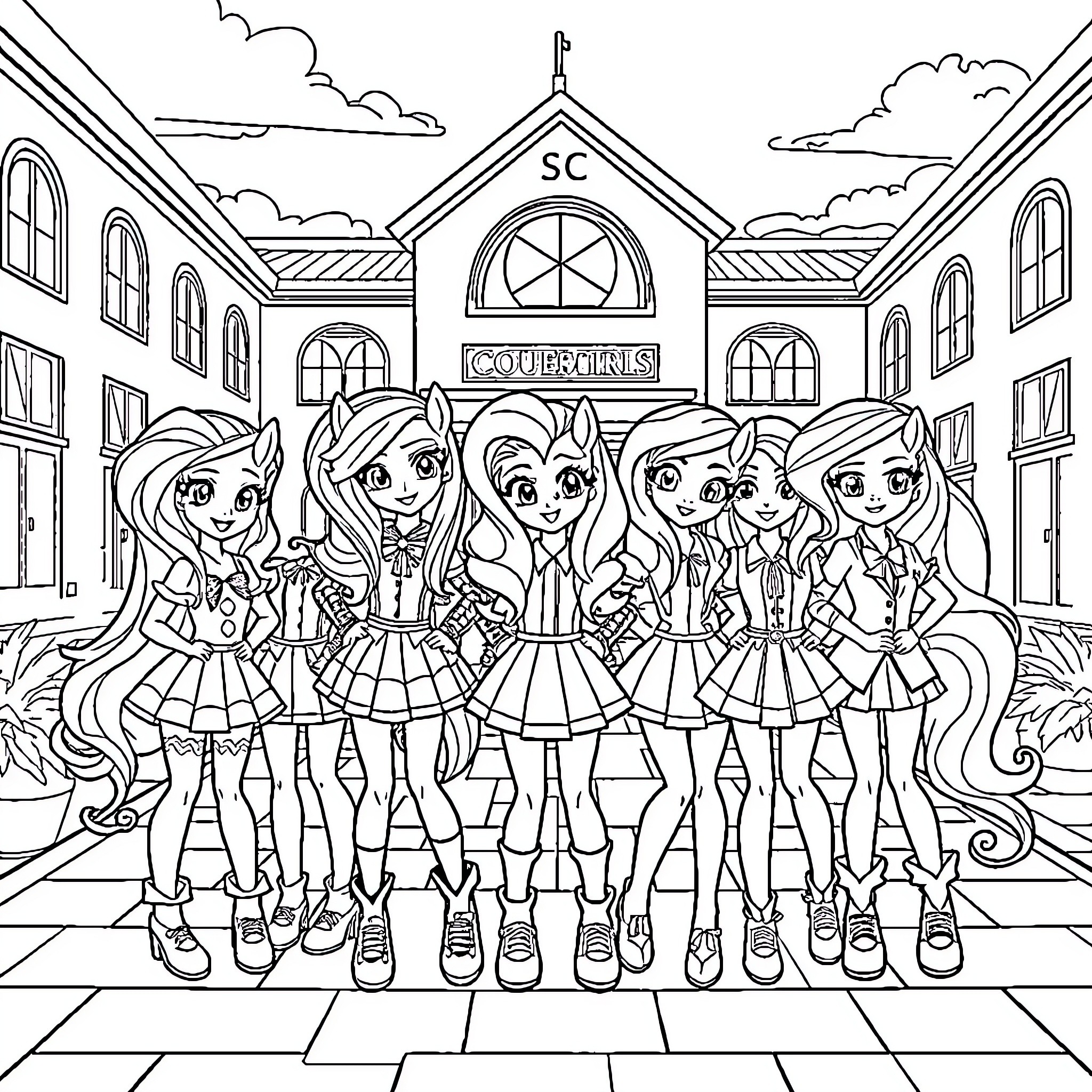 Equestria Girls standing together outside school Coloring Page (free black-and-white line drawing printable PDF for all, from beginners to advanced learners, including children, teens, adults, and seniors)