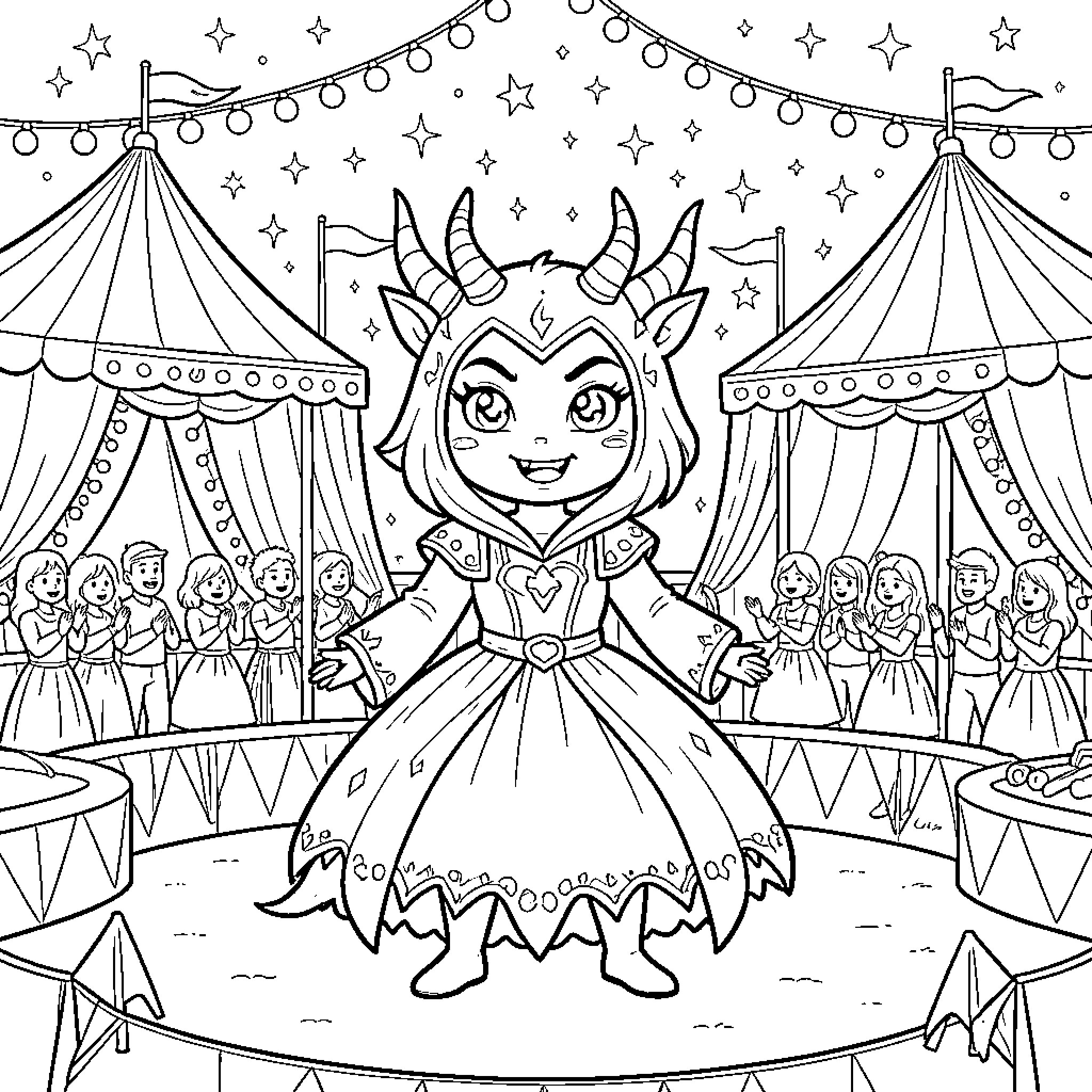 Pomni dressed as a horned character performing on stage Coloring Page (free black-and-white line drawing printable PDF for all, from beginners to advanced learners, including children, teens, adults, and seniors)