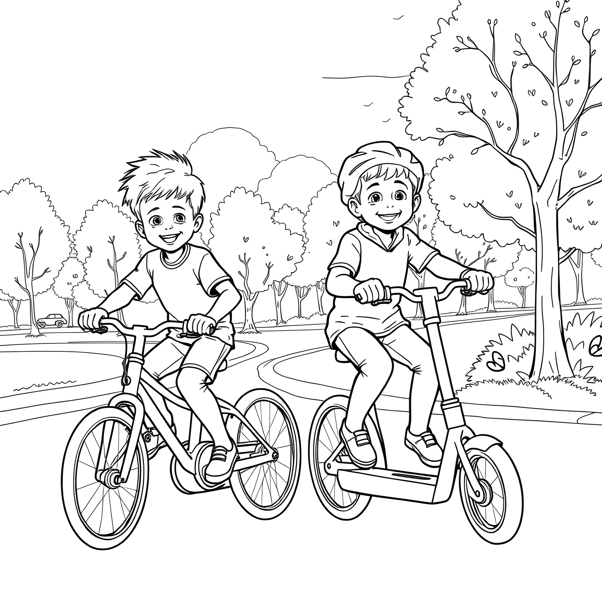 Brother Cycling and Riding Scooter in the Park Coloring Page (free black-and-white line drawing printable PDF for all, from beginners to advanced learners, including children, teens, adults, and seniors)