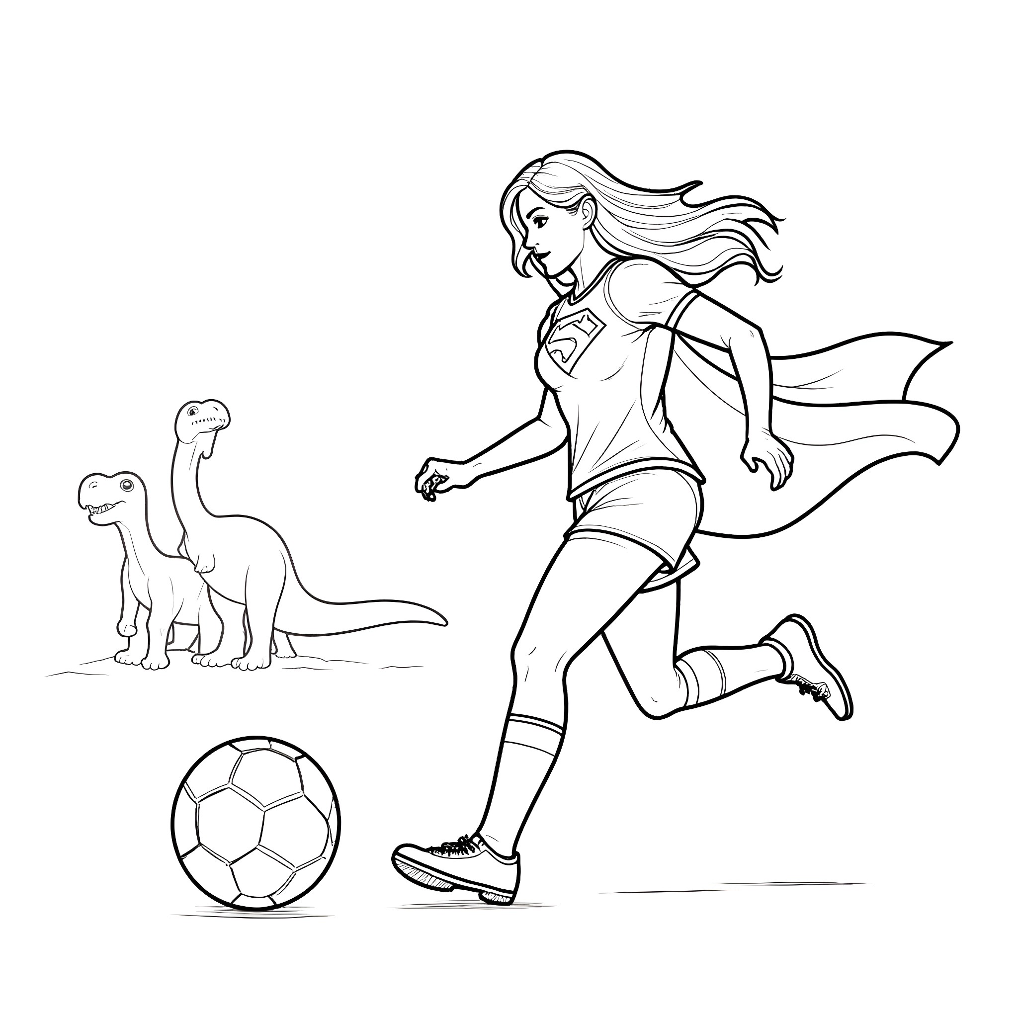 Supergirl kicking a soccer ball with dinosaurs Coloring Page (free black-and-white line drawing printable PDF for all, from beginners to advanced learners, including children, teens, adults, and seniors)