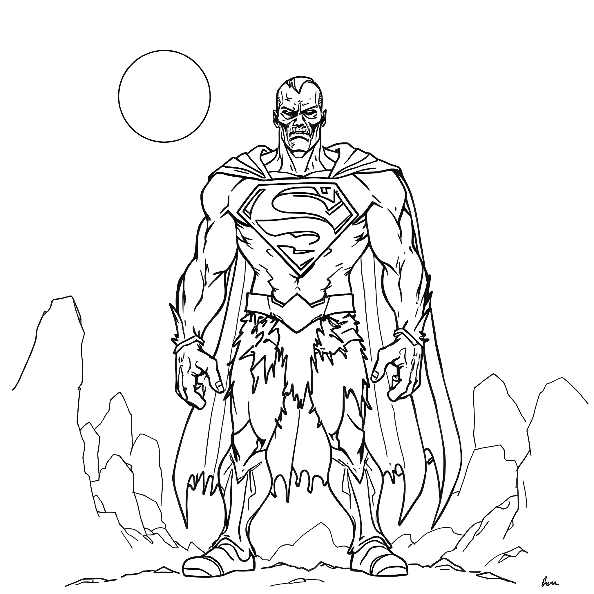 Bizarro: Powerful Superhero's Menacing Stance Coloring Page (free black-and-white line drawing printable PDF for all, from beginners to advanced learners, including children, teens, adults, and seniors)
