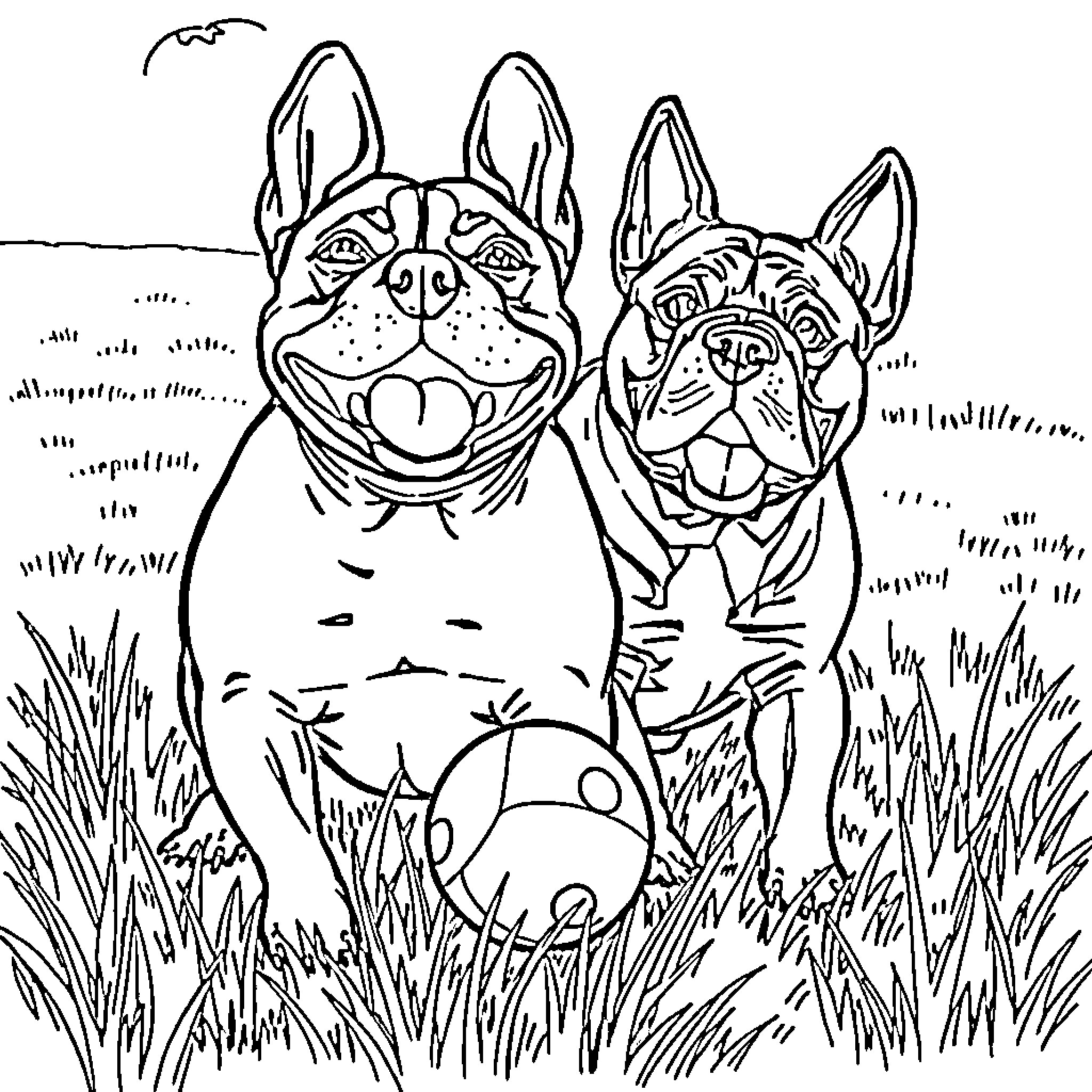 Dog Friends Playing with Ball in Grassy Field Coloring Page (free black-and-white line drawing printable PDF for all, from beginners to advanced learners, including children, teens, adults, and seniors)
