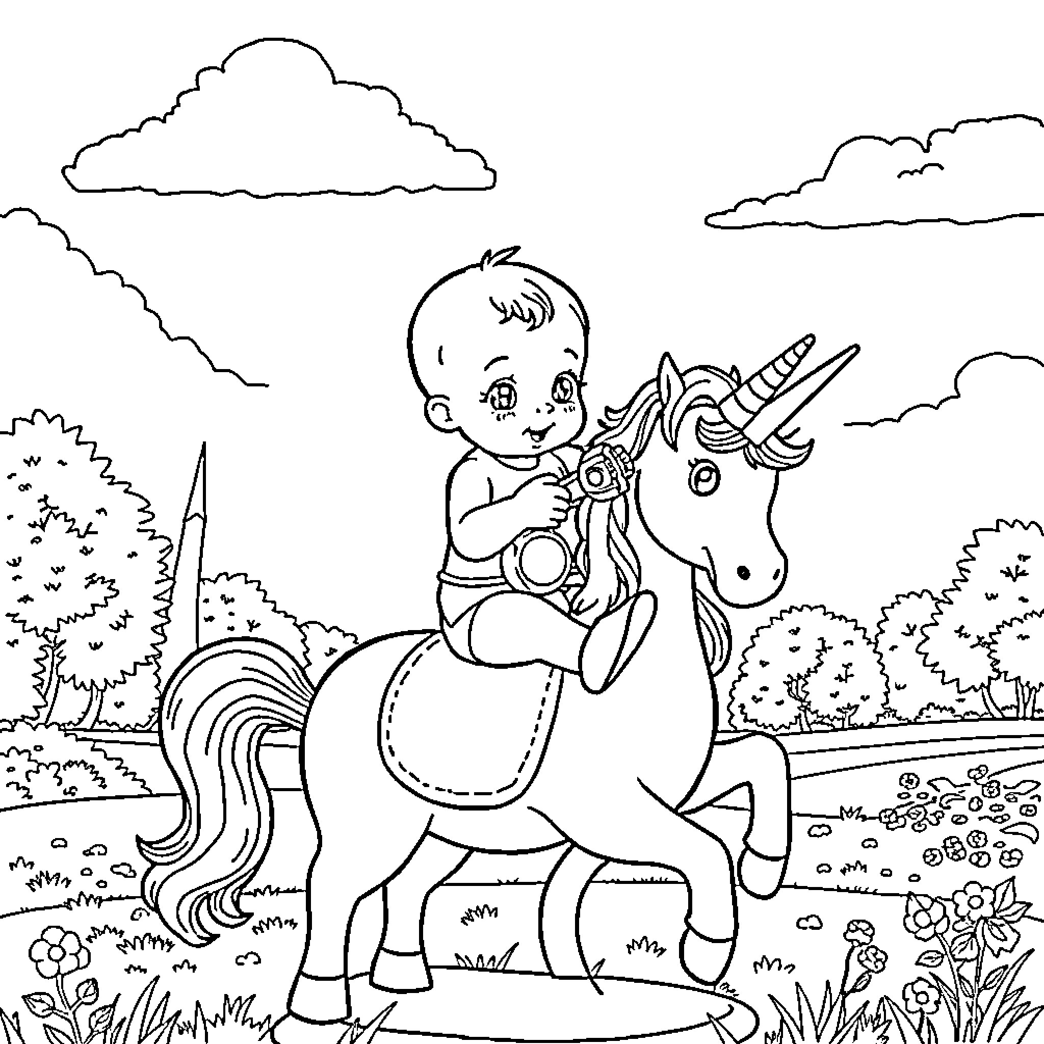 Unicorn Ride in the Enchanted Forest Coloring Page (free black-and-white line drawing printable PDF for all, from beginners to advanced learners, including children, teens, adults, and seniors)