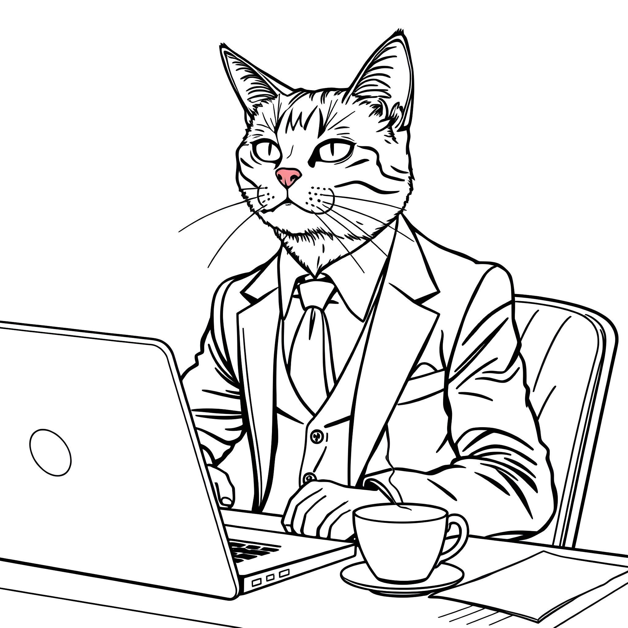 Cat in a Suit Working on a Laptop Coloring Page (free black-and-white line drawing printable PDF for all, from beginners to advanced learners, including children, teens, adults, and seniors)