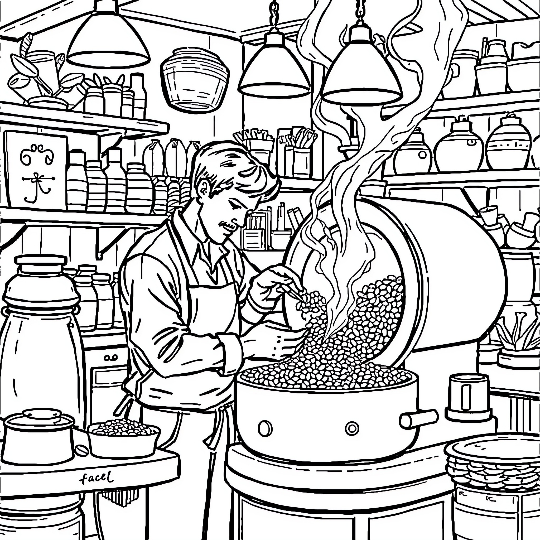 Coffee Roasting Process in a Cozy Kitchen Coloring Page (free black-and-white line drawing printable PDF for all, from beginners to advanced learners, including children, teens, adults, and seniors)