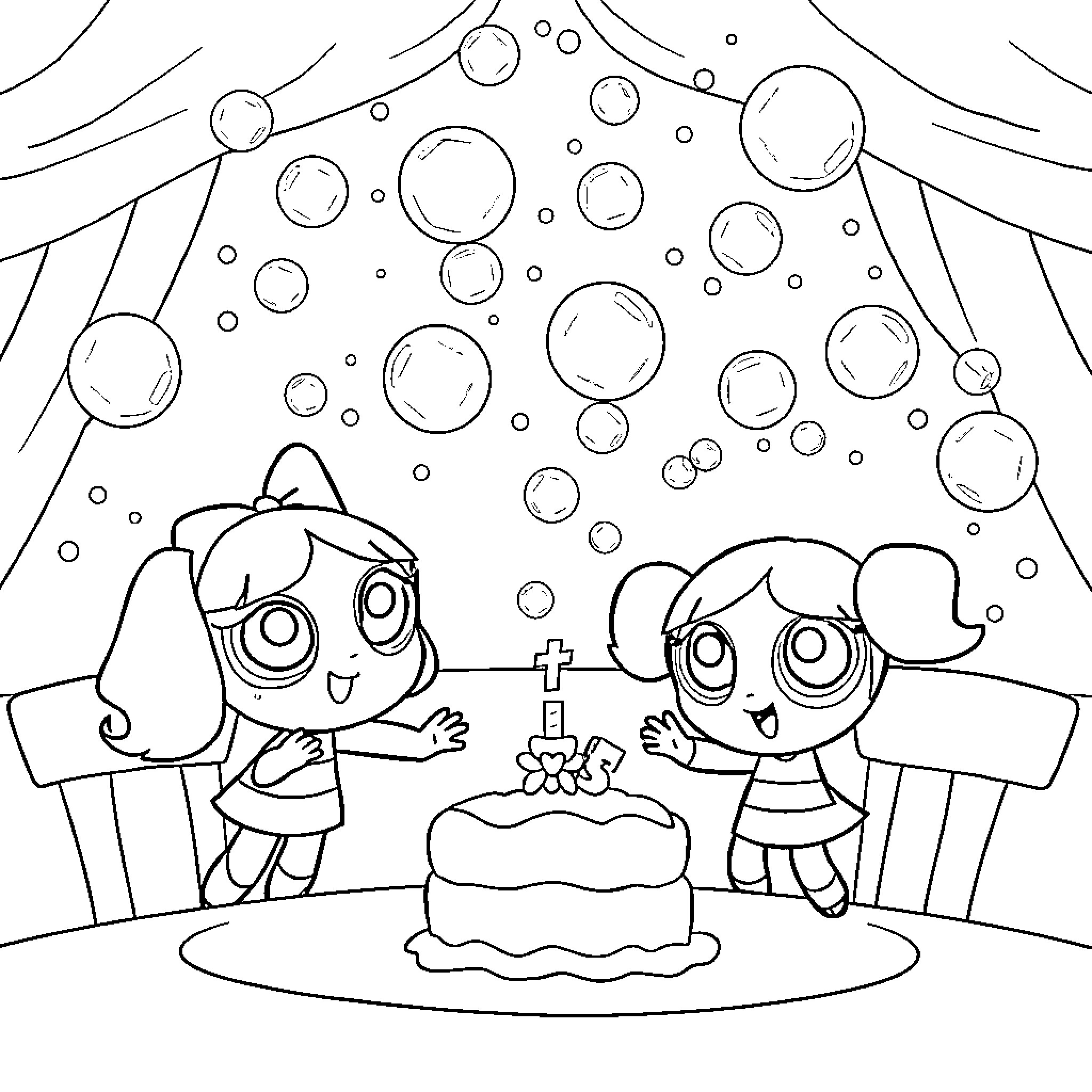 Bubble Party with Cute Characters Coloring Page (free black-and-white line drawing printable PDF for all, from beginners to advanced learners, including children, teens, adults, and seniors)