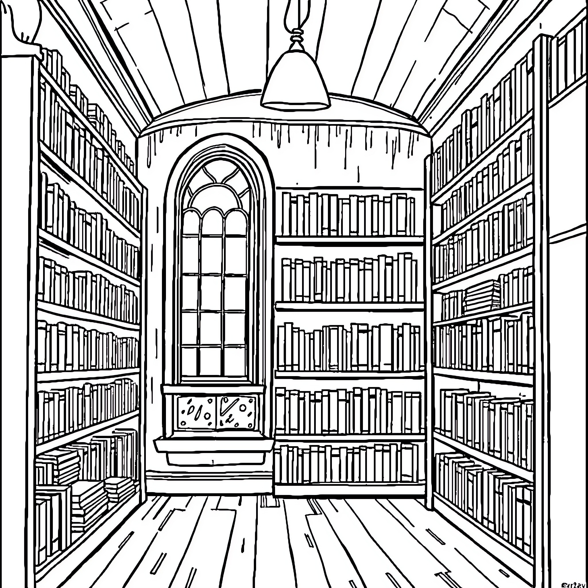 Library of Bookshelves and Illuminating Light Coloring Page (free black-and-white line drawing printable PDF for all, from beginners to advanced learners, including children, teens, adults, and seniors)