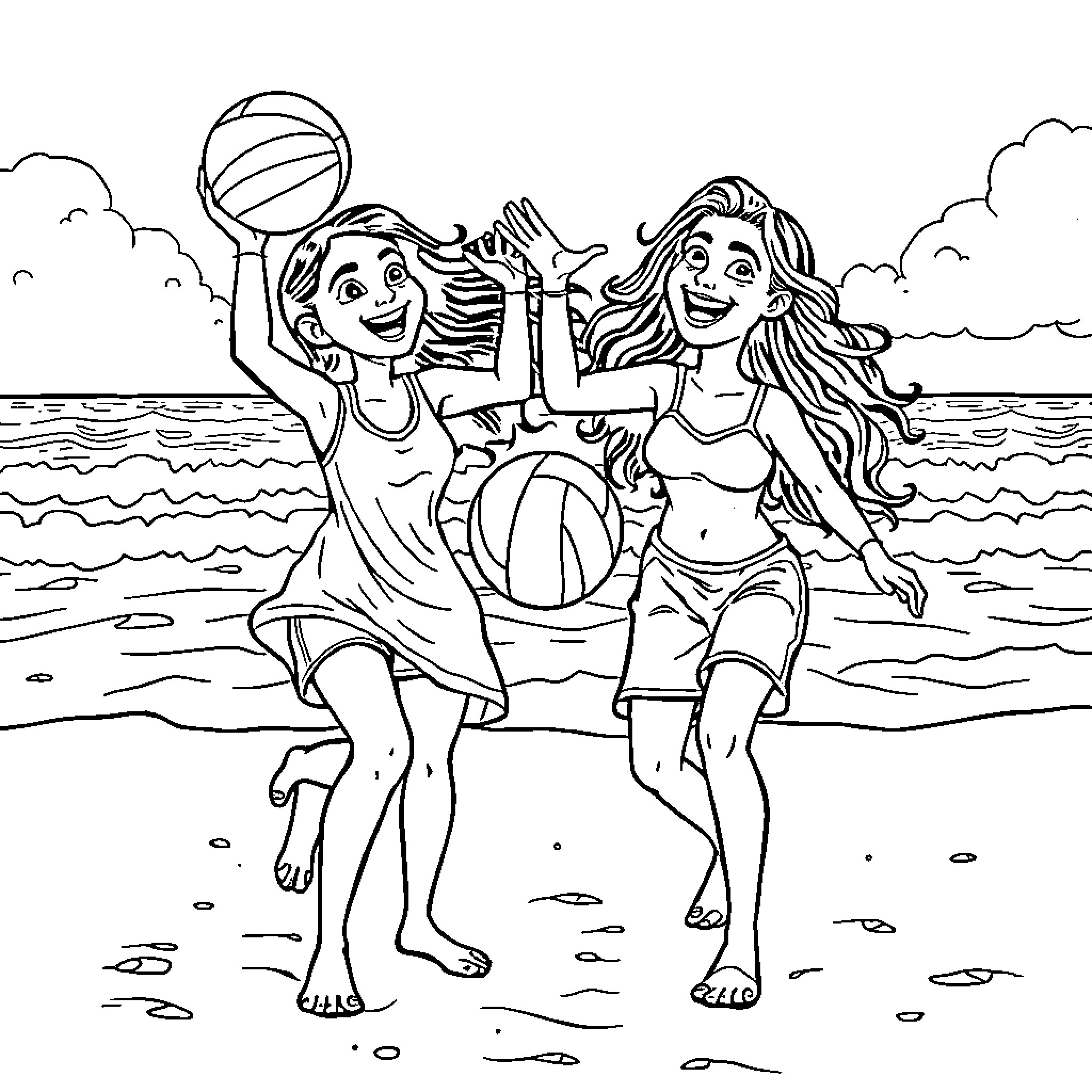 Volleyball Players Having Fun at the Beach Coloring Page (free black-and-white line drawing printable PDF for all, from beginners to advanced learners, including children, teens, adults, and seniors)