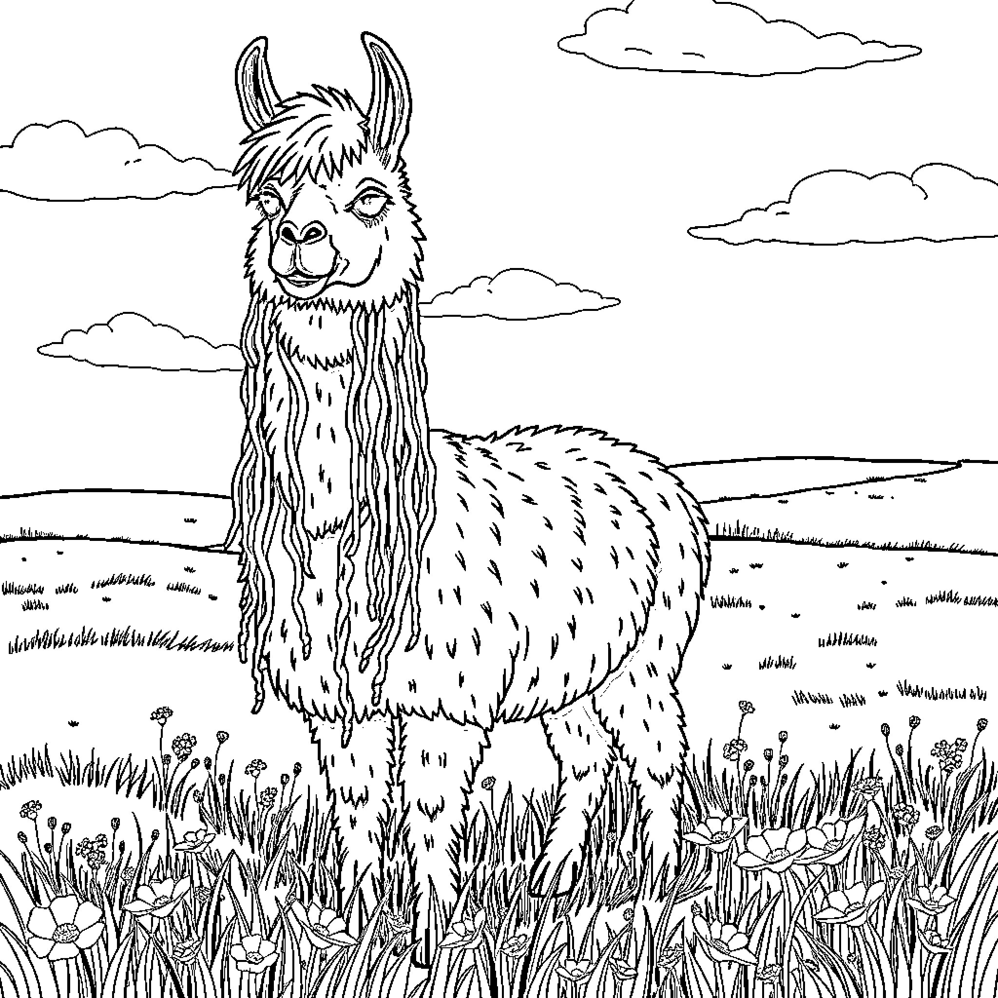 Llama enjoying the peaceful meadow Coloring Page (free black-and-white line drawing printable PDF for all, from beginners to advanced learners, including children, teens, adults, and seniors)
