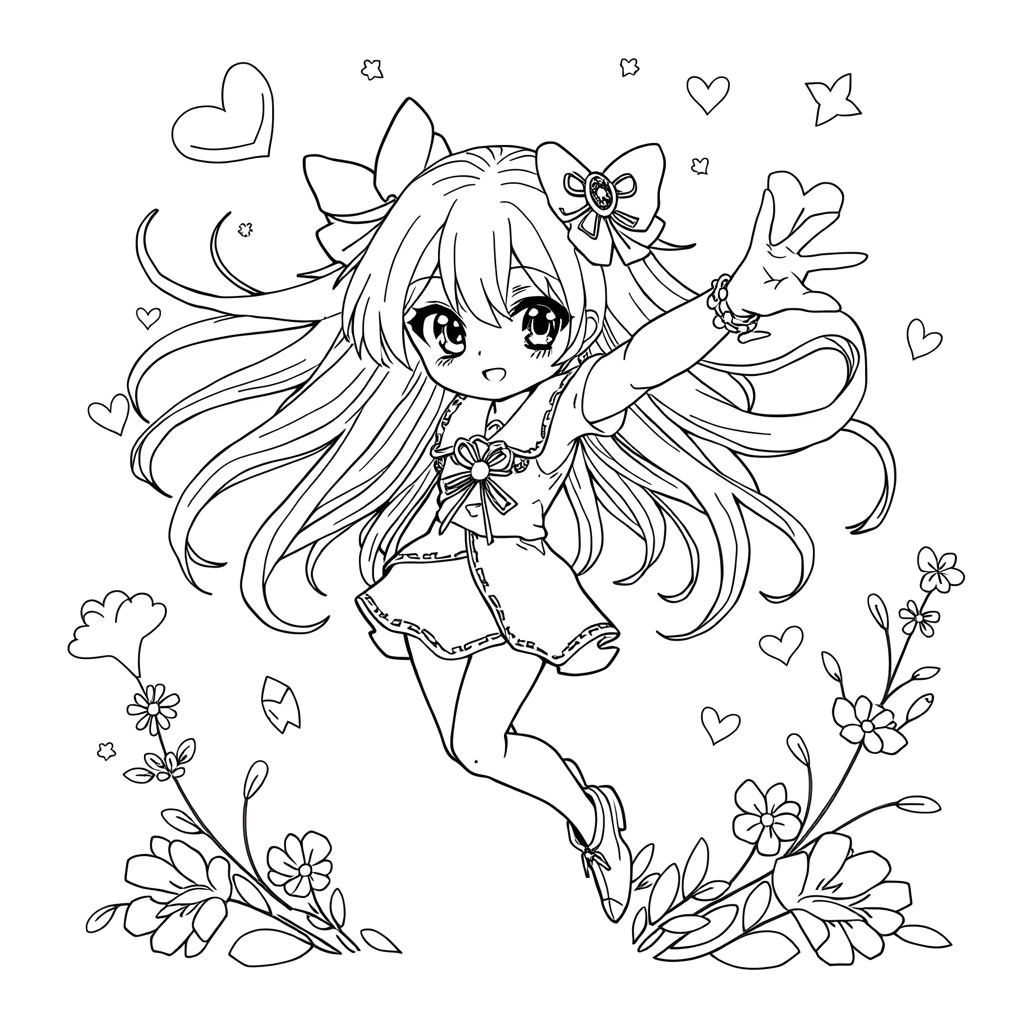 Girl jumping joyfully in flowery meadow Coloring Page (free black-and-white line drawing printable PDF for all, from beginners to advanced learners, including children, teens, adults, and seniors)