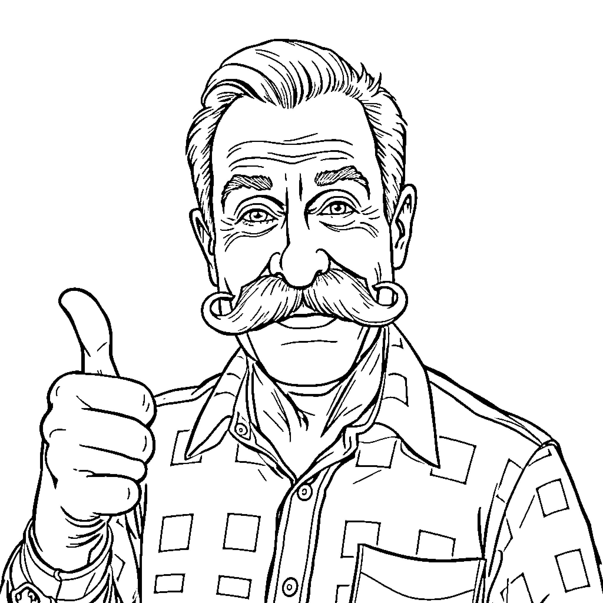 Guy with Mustache Giving Thumbs Up in Patterned Outfit Coloring Page (free black-and-white line drawing printable PDF for all, from beginners to advanced learners, including children, teens, adults, and seniors)