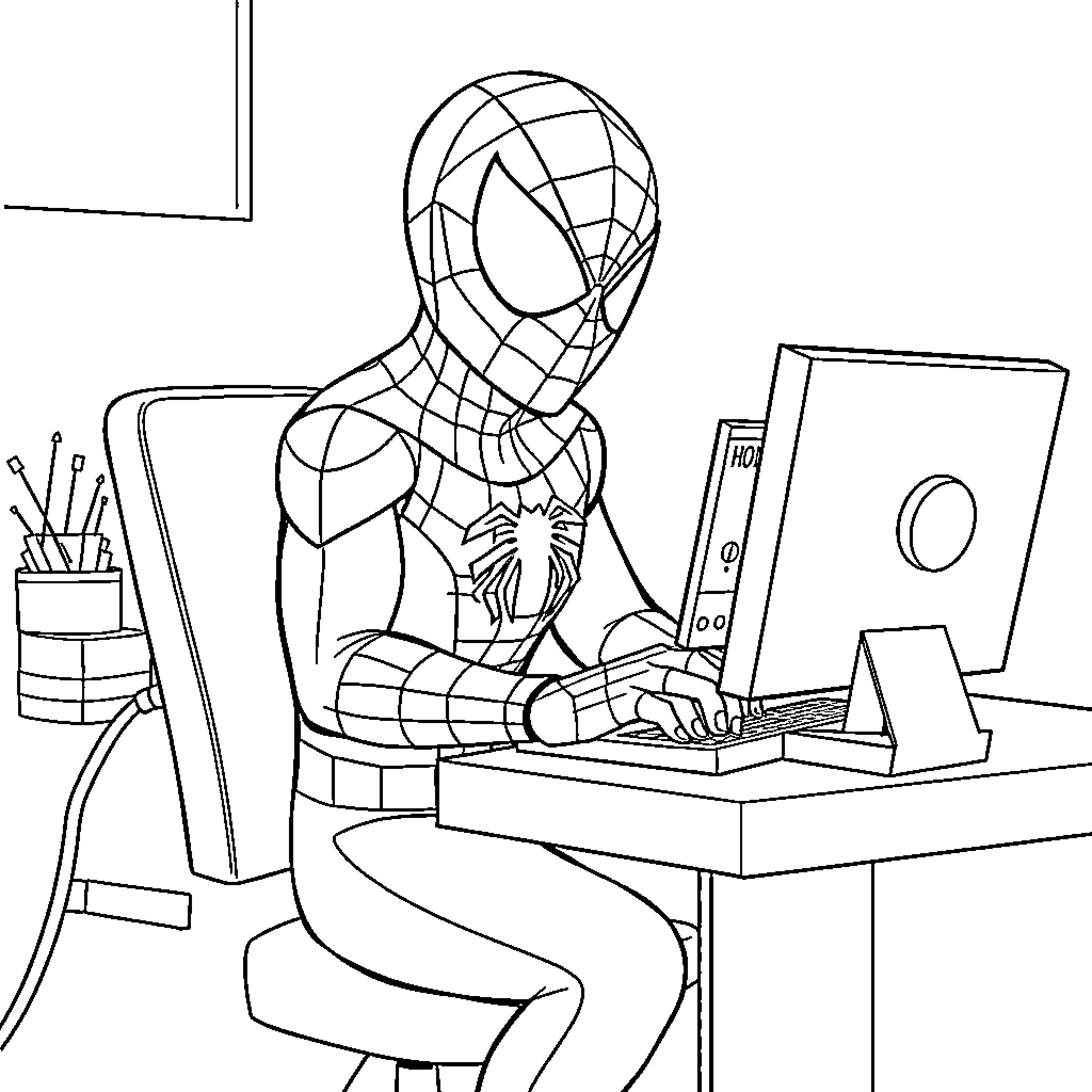 Spiderman working diligently at computer Coloring Page (free black-and-white line drawing printable PDF for all, from beginners to advanced learners, including children, teens, adults, and seniors)