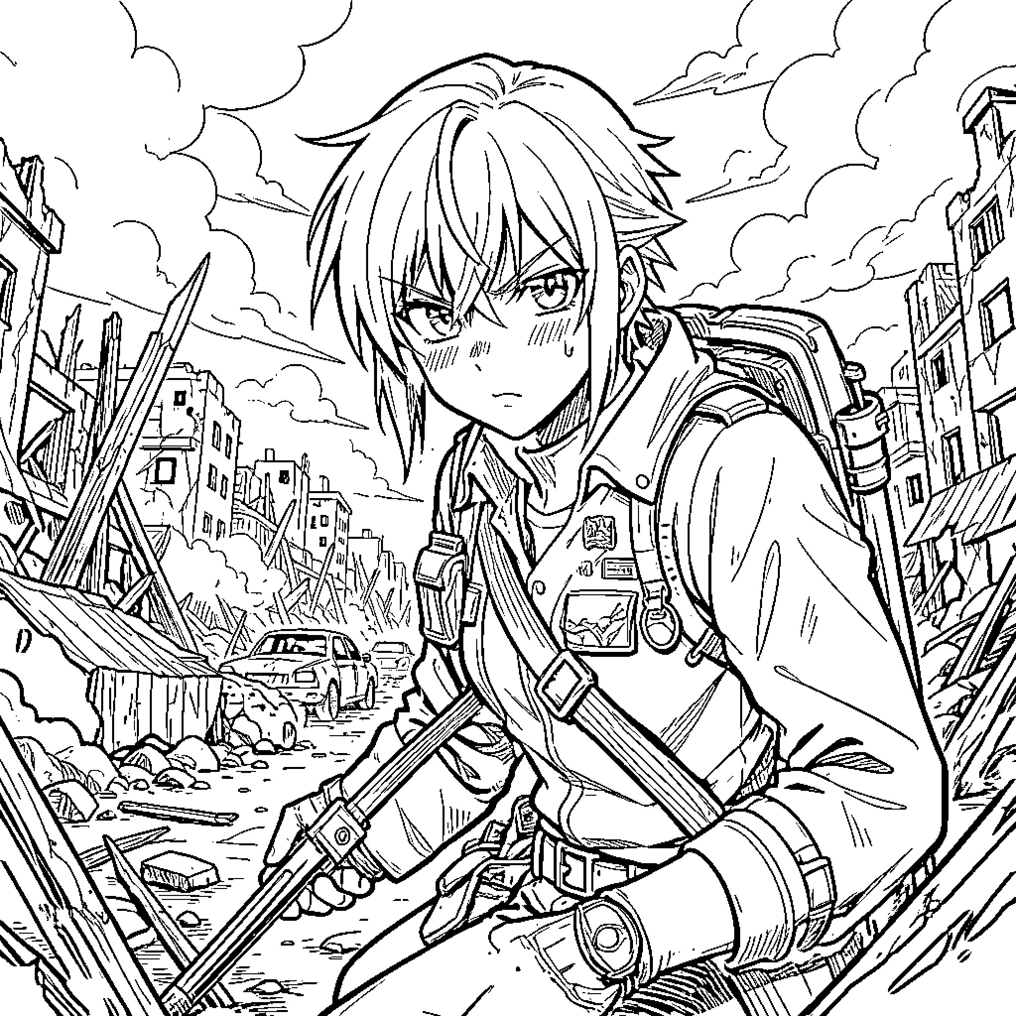 Anime Warrior Navigating a Dystopian Cityscape Coloring Page (free black-and-white line drawing printable PDF for all, from beginners to advanced learners, including children, teens, adults, and seniors)