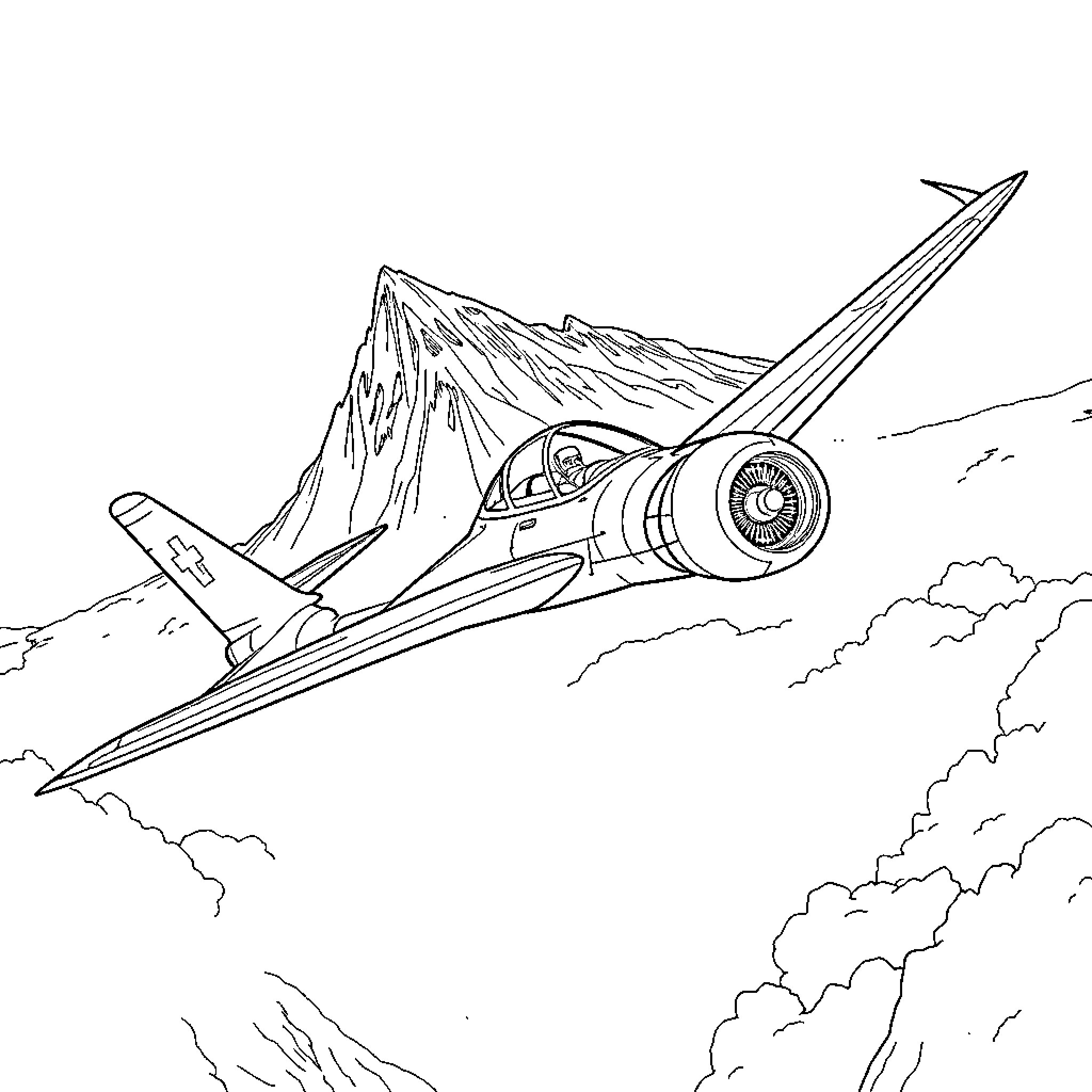 FA18 fighter jet soaring over rugged mountains Coloring Page (free black-and-white line drawing printable PDF for all, from beginners to advanced learners, including children, teens, adults, and seniors)