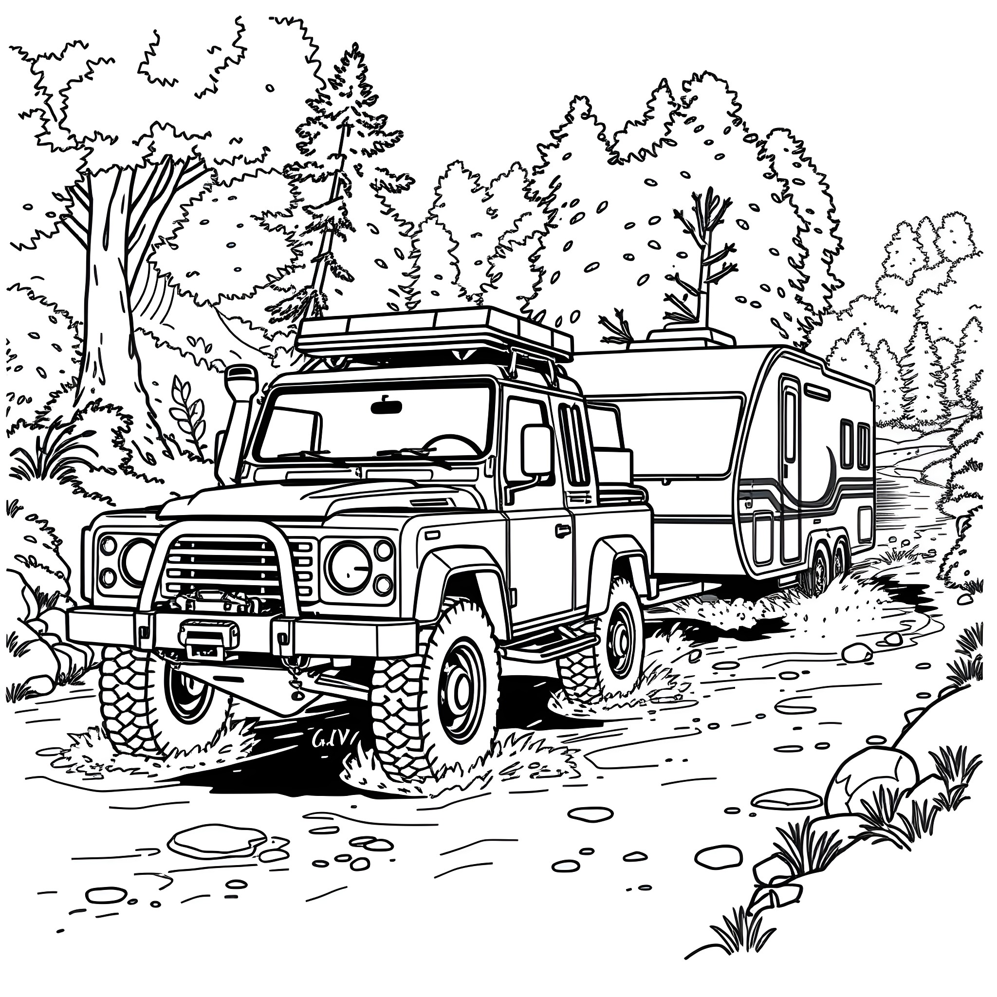 Car camping adventure in the forest Coloring Page (free black-and-white line drawing printable PDF for all, from beginners to advanced learners, including children, teens, adults, and seniors)