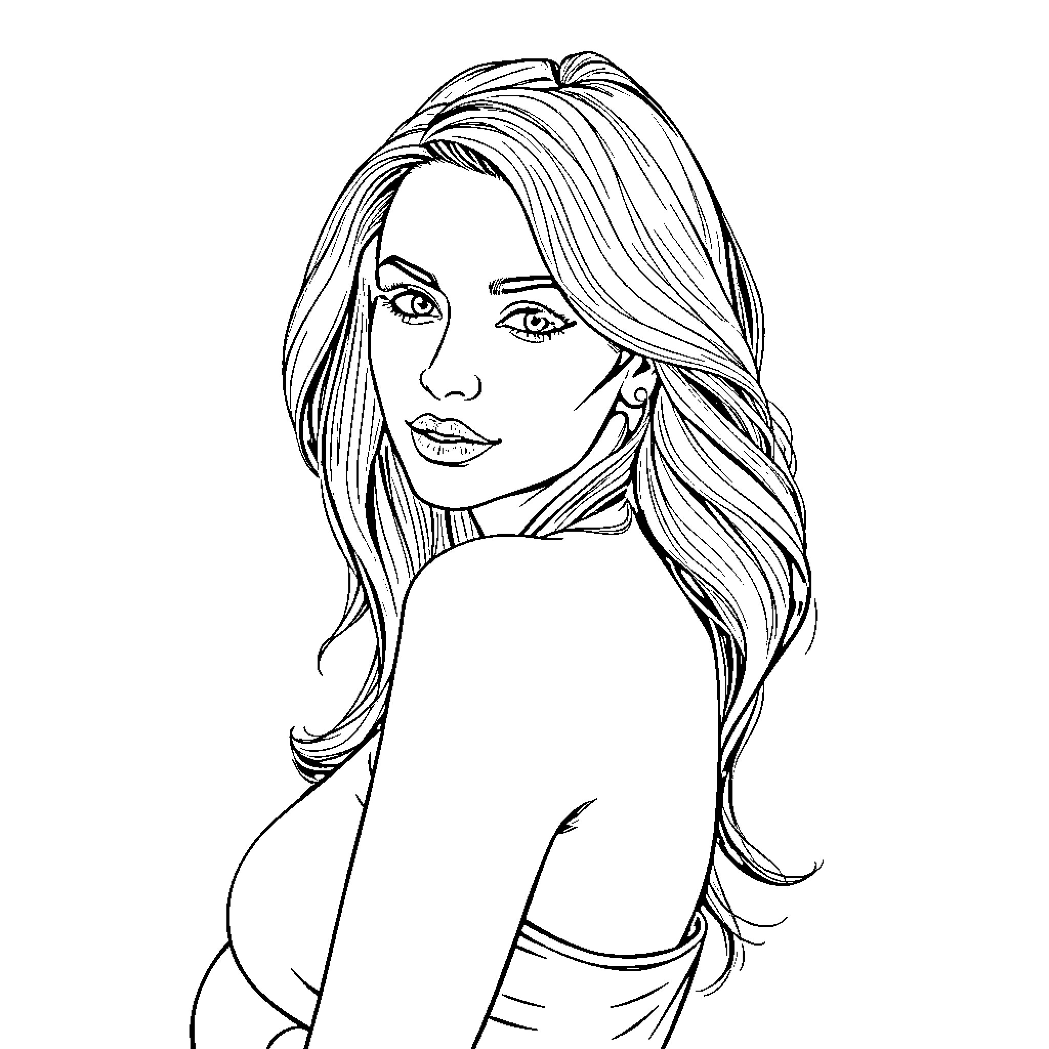 Lady with expressive eyes and long flowing hair Coloring Page (free black-and-white line drawing printable PDF for all, from beginners to advanced learners, including children, teens, adults, and seniors)