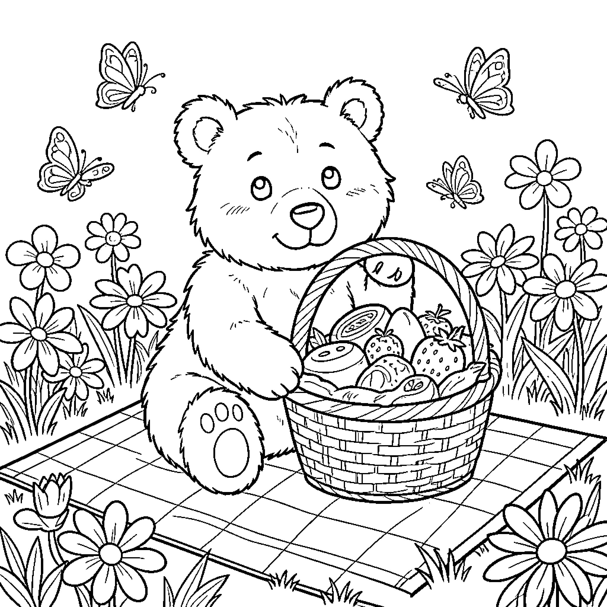 Bear enjoying a picnic in the garden Coloring Page (free black-and-white line drawing printable PDF for all, from beginners to advanced learners, including children, teens, adults, and seniors)