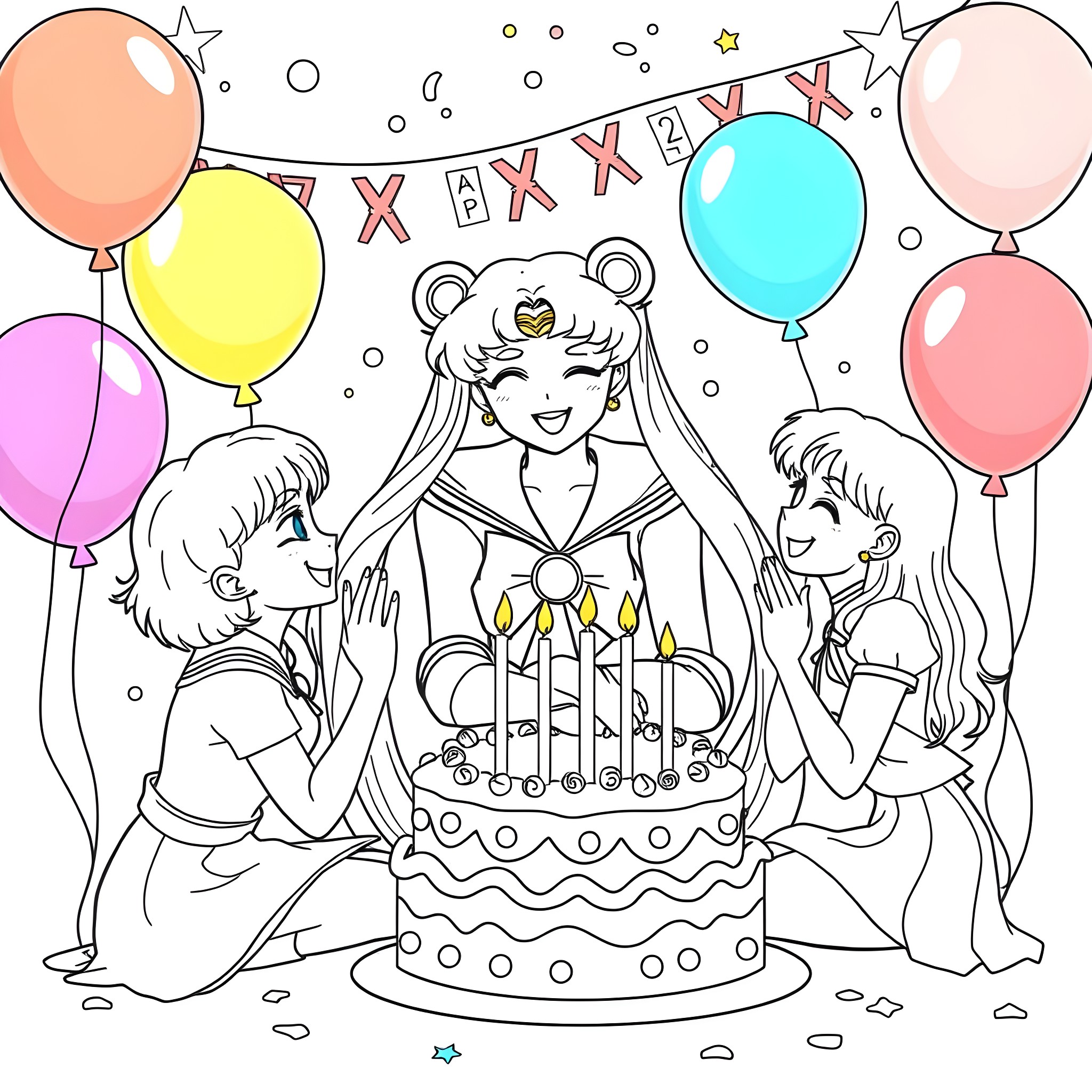 Sailor Moon celebrating a birthday party with friends Coloring Page (free black-and-white line drawing printable PDF for all, from beginners to advanced learners, including children, teens, adults, and seniors)