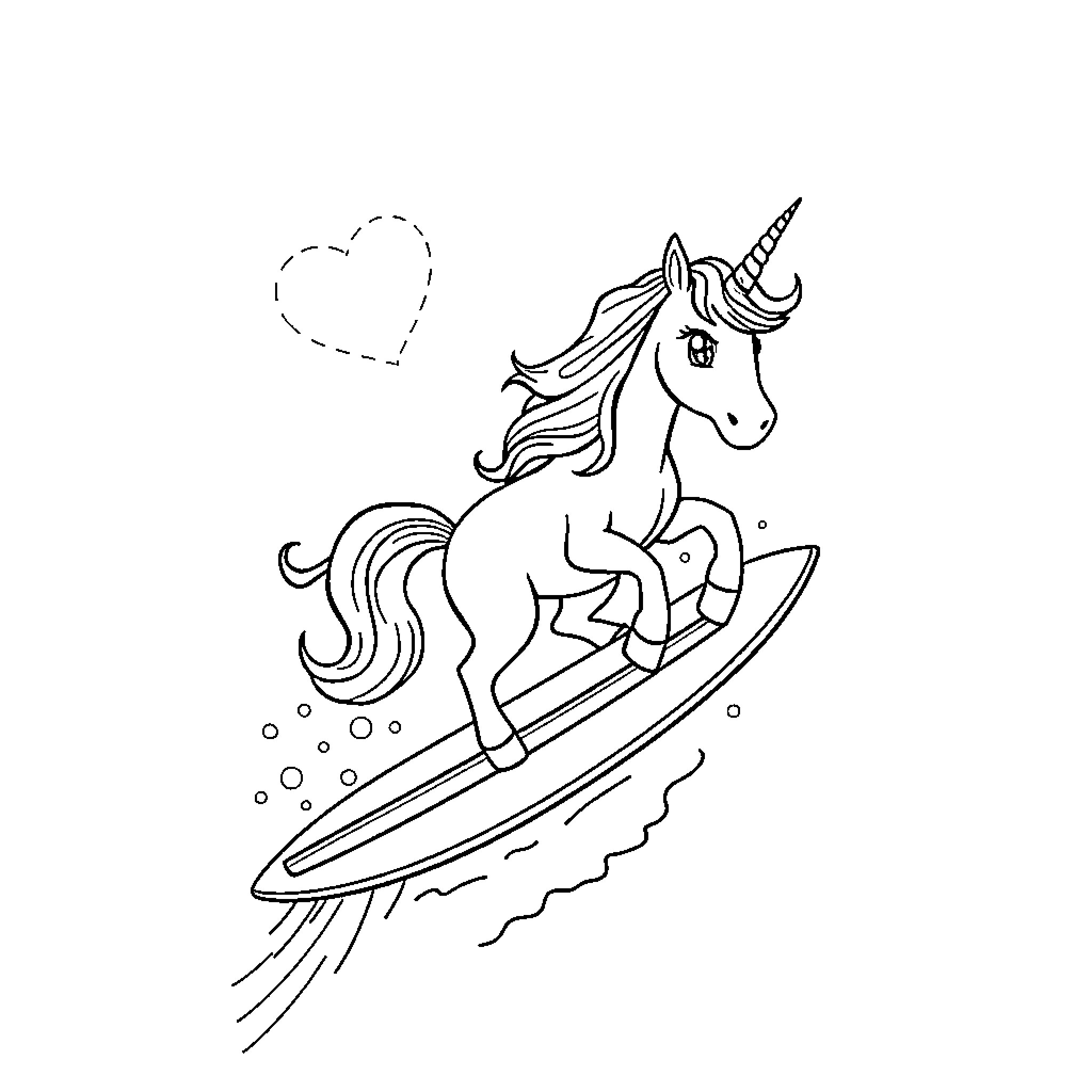 Unicorn surfing on the waves with heart Coloring Page (free black-and-white line drawing printable PDF for all, from beginners to advanced learners, including children, teens, adults, and seniors)