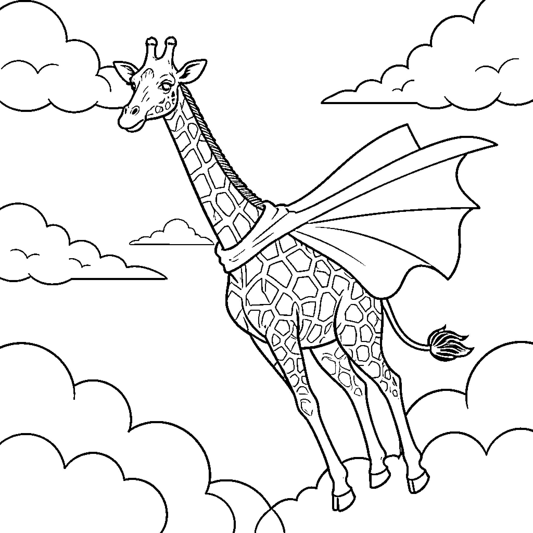 Giraffe soaring through the clouds Coloring Page (free black-and-white line drawing printable PDF for all, from beginners to advanced learners, including children, teens, adults, and seniors)