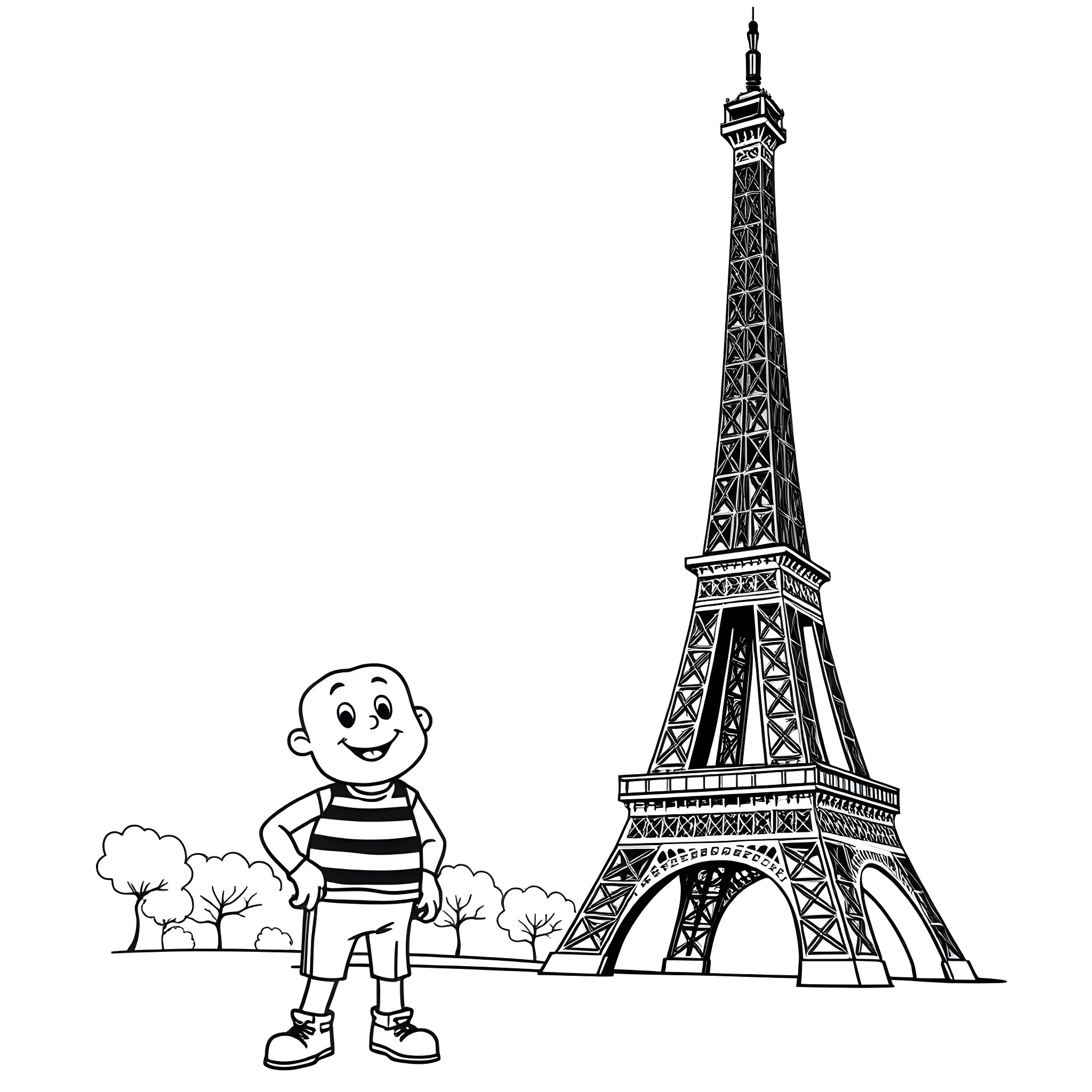 Mr Bobby's Parisian Adventure Coloring Page (free black-and-white line drawing printable PDF for all, from beginners to advanced learners, including children, teens, adults, and seniors)