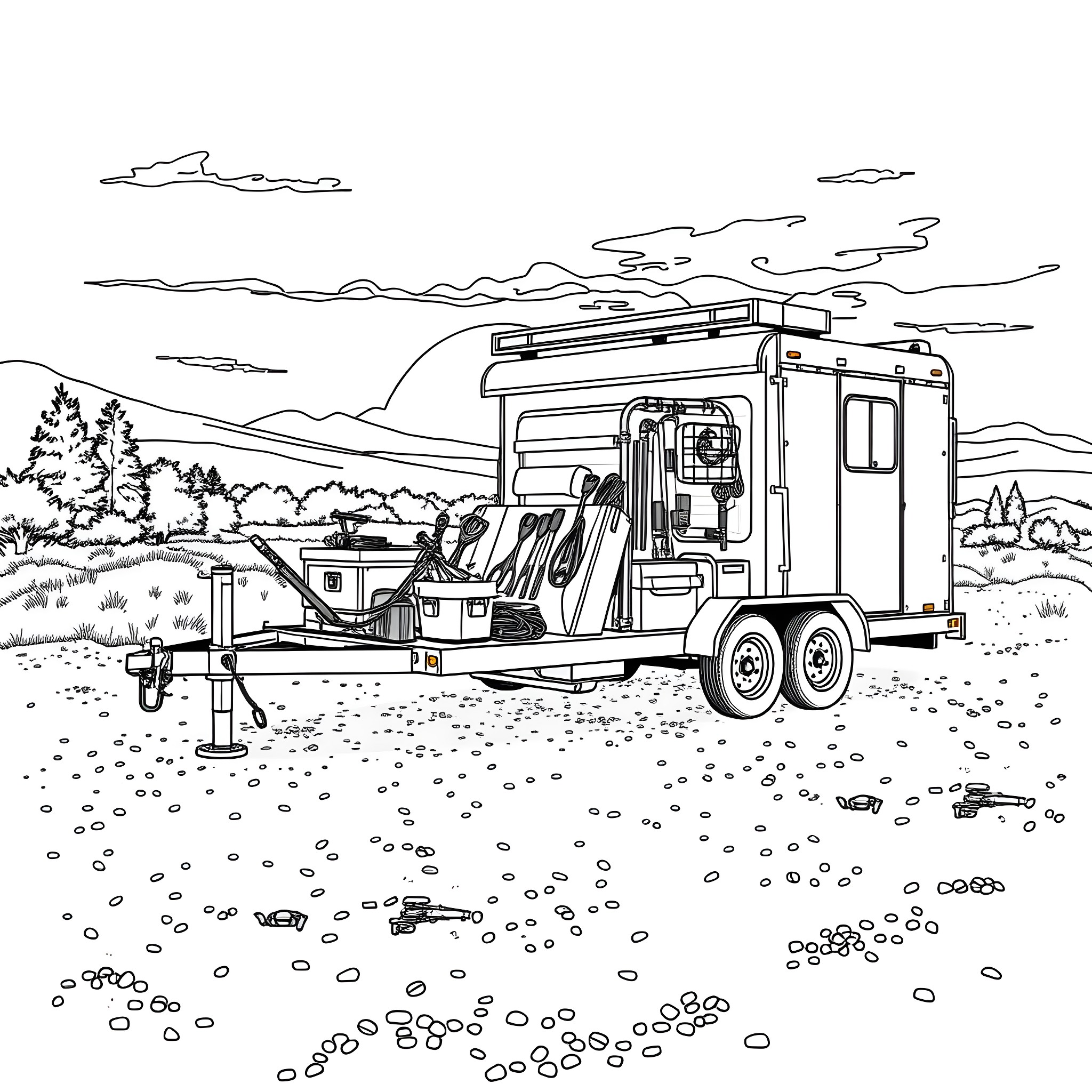 Car Trailer Transporting Equipment in Nature Coloring Page (free black-and-white line drawing printable PDF for all, from beginners to advanced learners, including children, teens, adults, and seniors)
