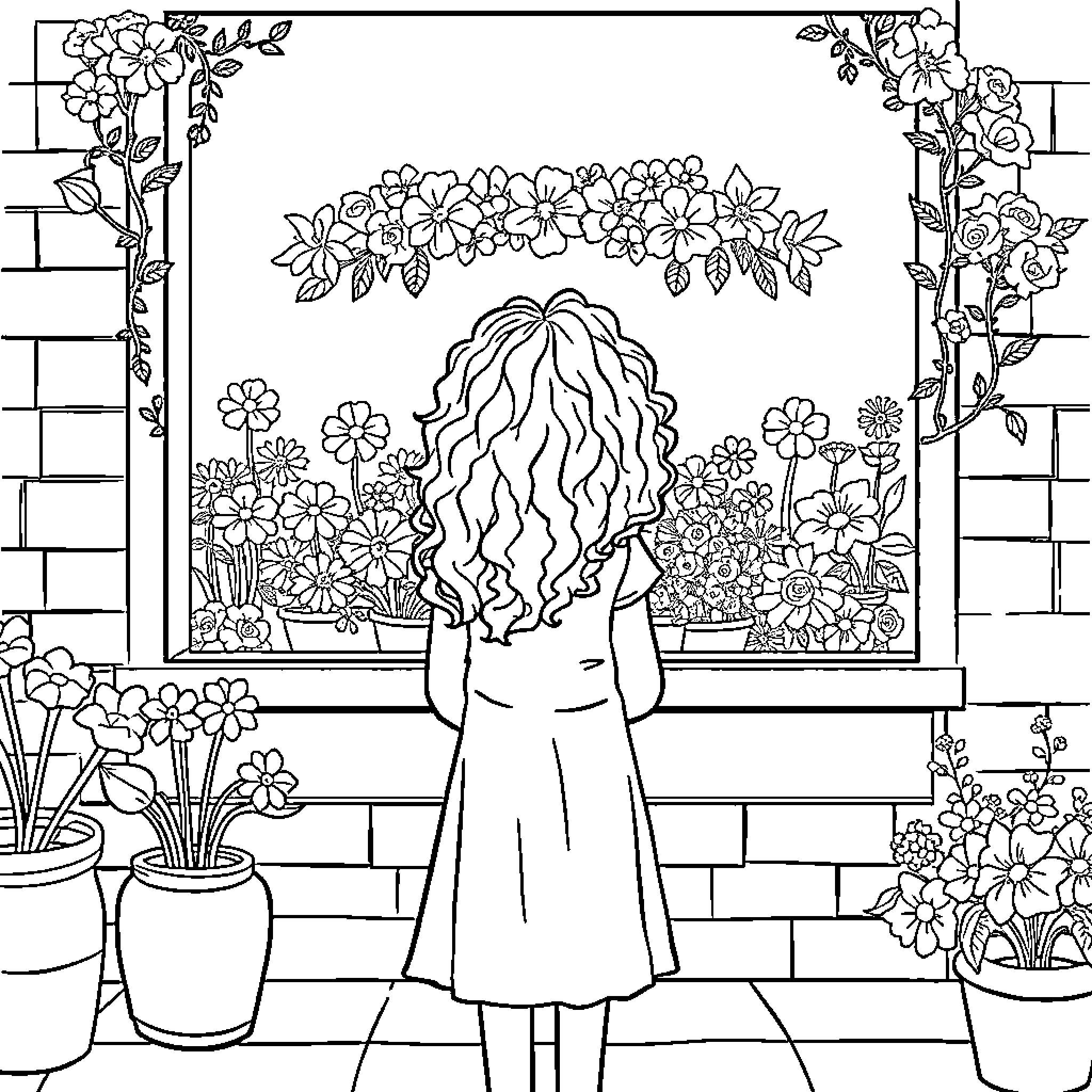 Girl admiring the floral garden Coloring Page (free black-and-white line drawing printable PDF for all, from beginners to advanced learners, including children, teens, adults, and seniors)