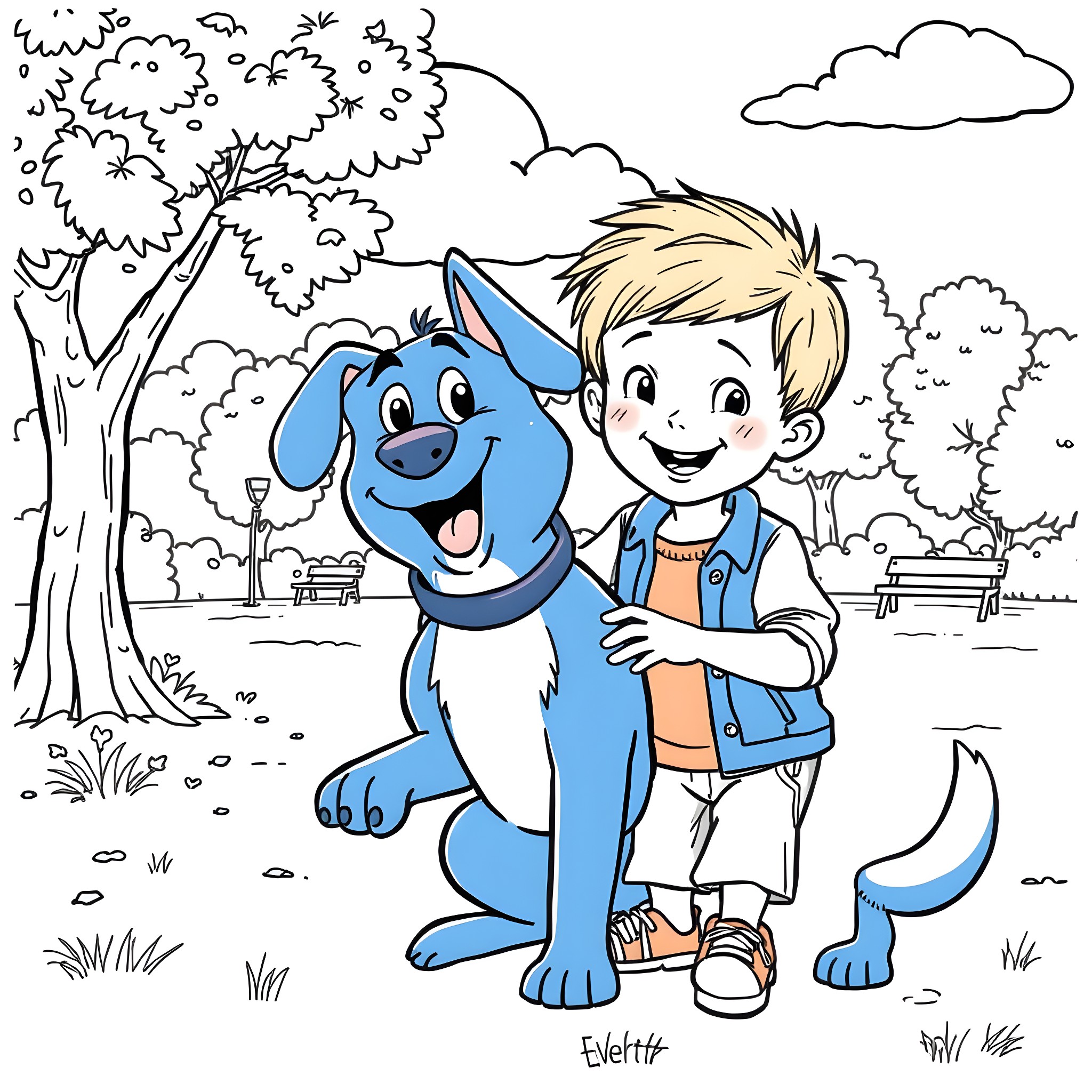 Bluey and his friend playing happily in the park Coloring Page (free black-and-white line drawing printable PDF for all, from beginners to advanced learners, including children, teens, adults, and seniors)
