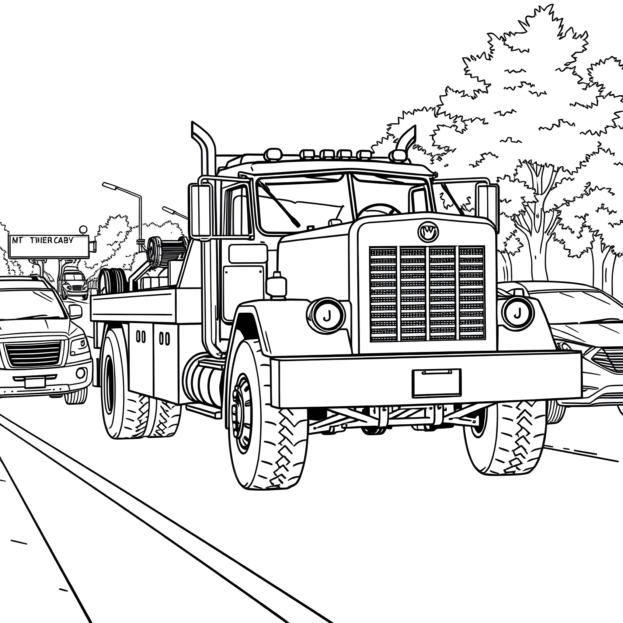 Tow Truck Assisting Stranded Vehicles on the Road Coloring Page (free black-and-white line drawing printable PDF for all, from beginners to advanced learners, including children, teens, adults, and seniors)