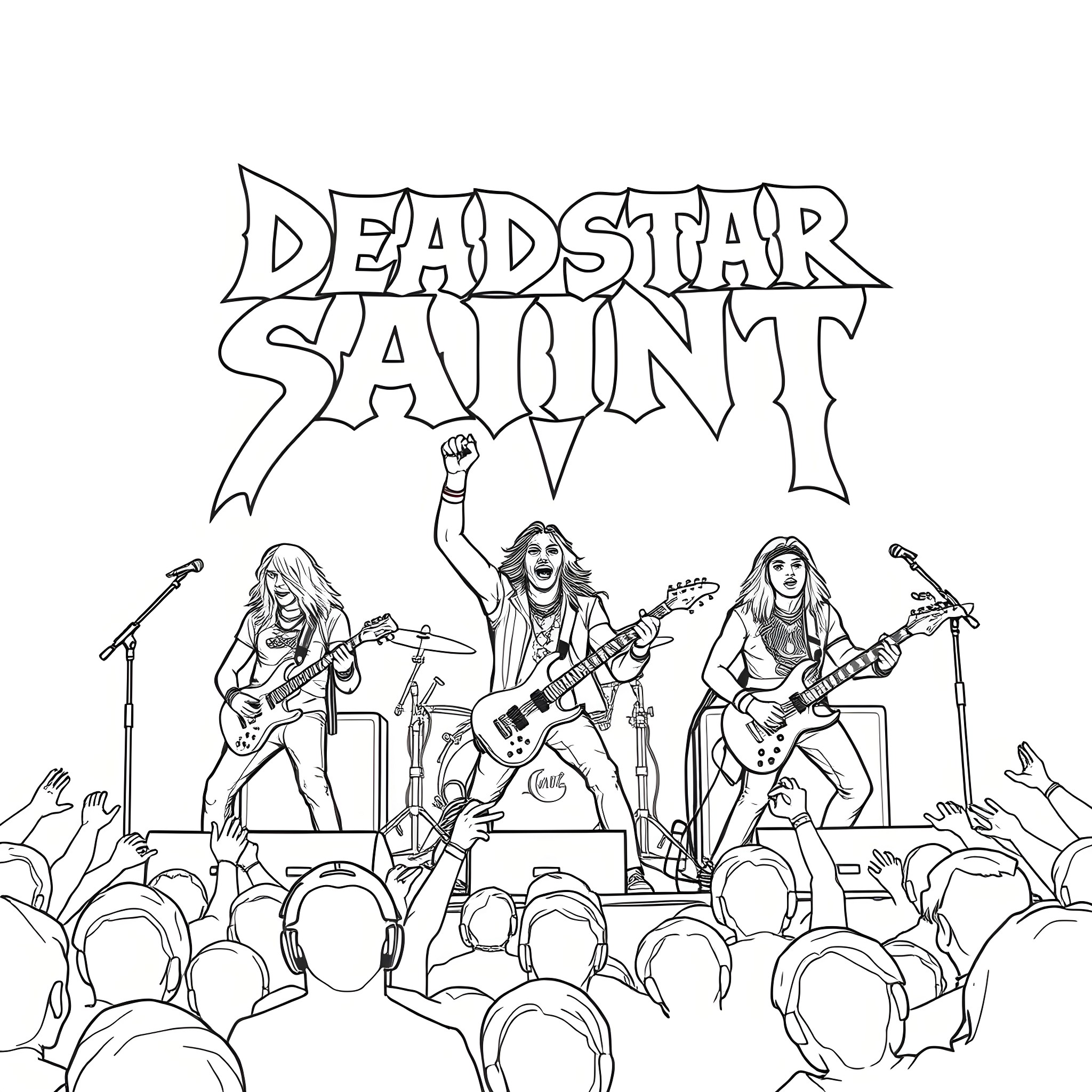 Band performing on stage with crowd Coloring Page (free black-and-white line drawing printable PDF for all, from beginners to advanced learners, including children, teens, adults, and seniors)