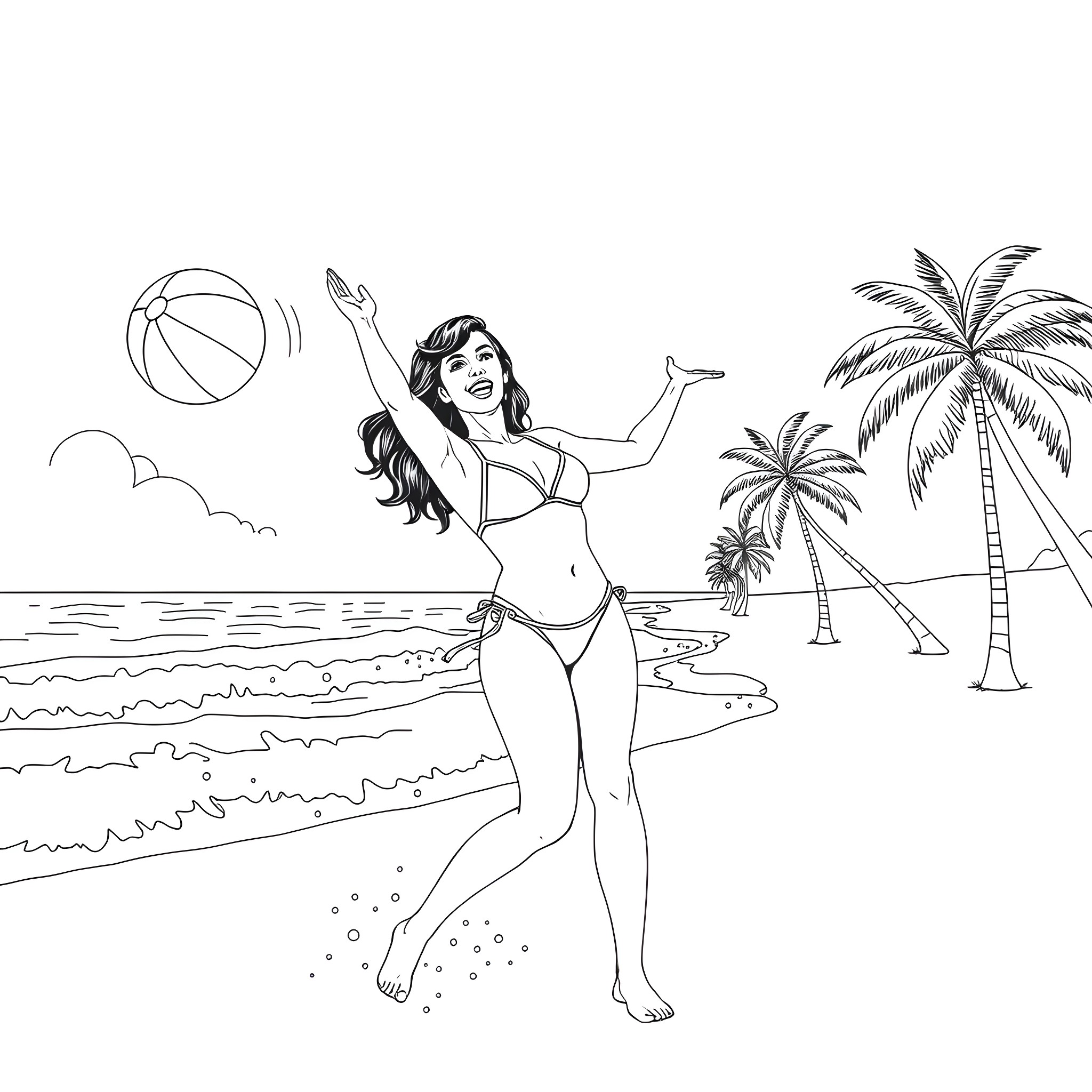 Katy Perry enjoying a day at the beach Coloring Page (free black-and-white line drawing printable PDF for all, from beginners to advanced learners, including children, teens, adults, and seniors)