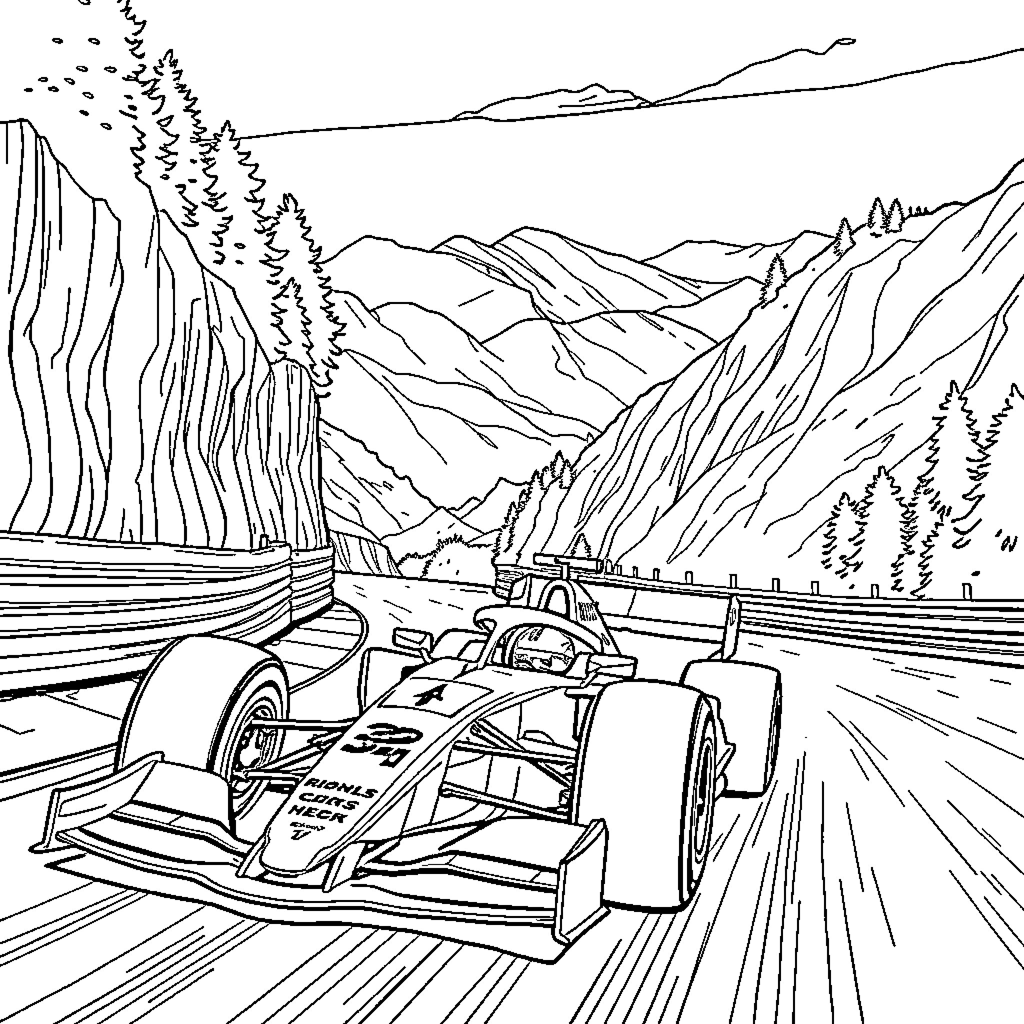 F1 Car racing through mountainous landscapes Coloring Page (free black-and-white line drawing printable PDF for all, from beginners to advanced learners, including children, teens, adults, and seniors)