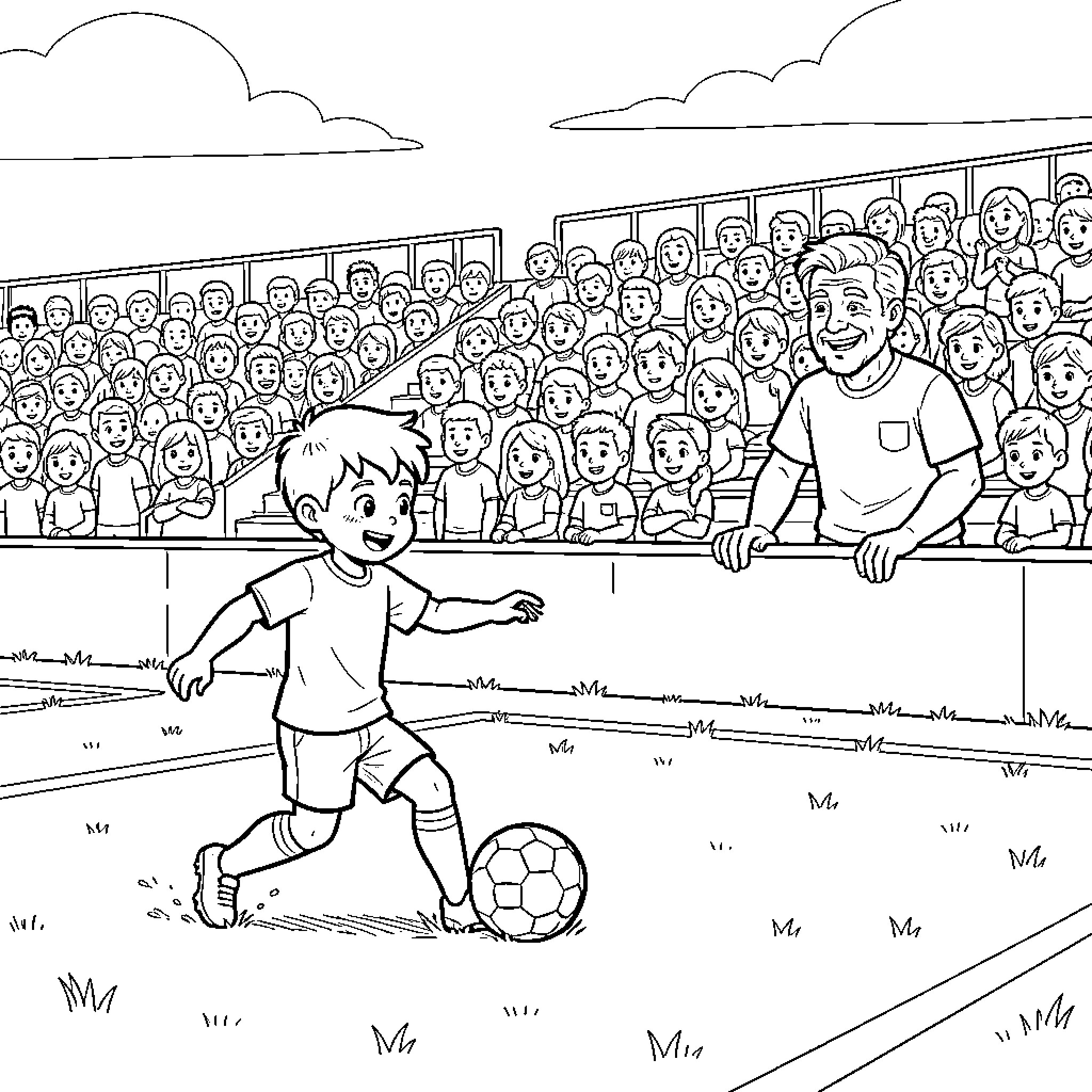 Niño jugando fútbol en el estadio Coloring Page (free black-and-white line drawing printable PDF for all, from beginners to advanced learners, including children, teens, adults, and seniors)