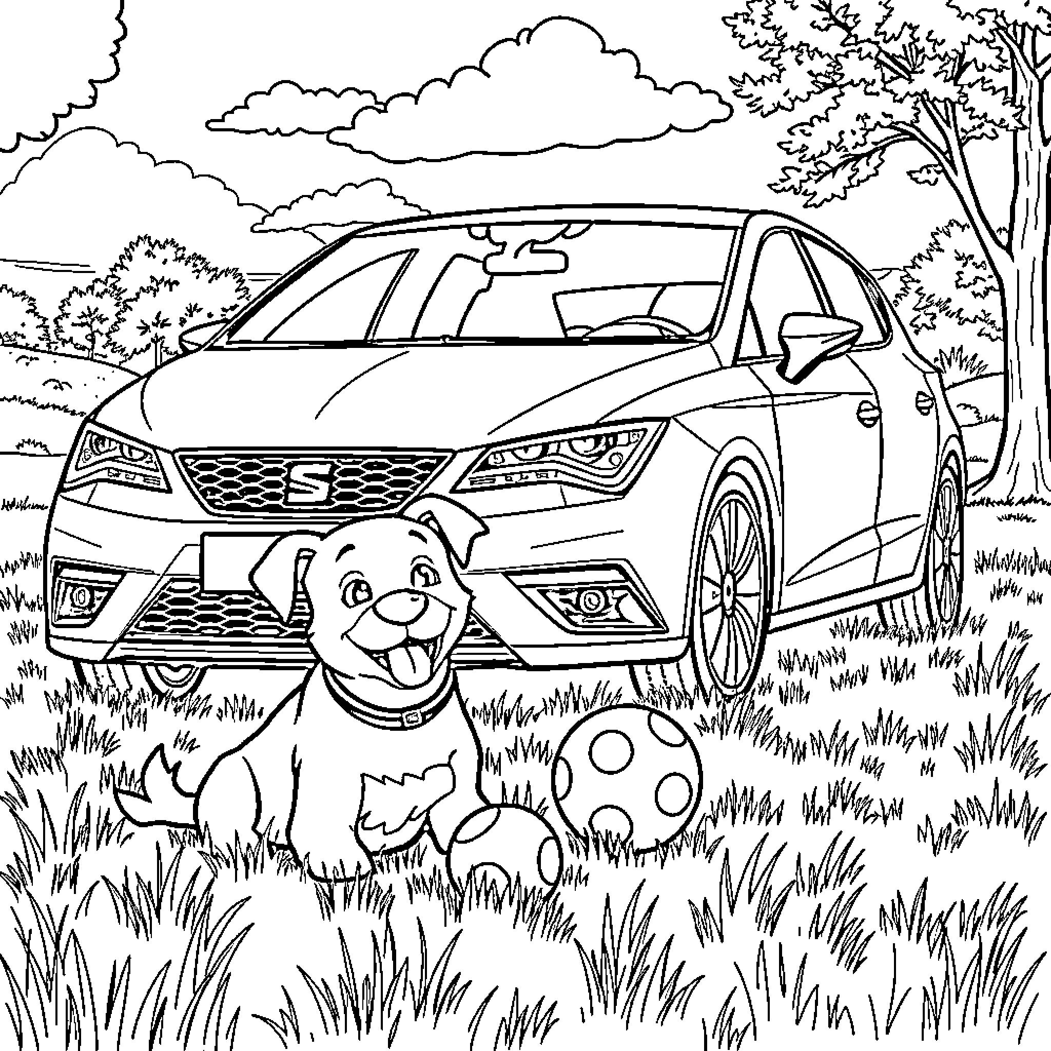 Dog playing happily with car in the park Coloring Page (free black-and-white line drawing printable PDF for all, from beginners to advanced learners, including children, teens, adults, and seniors)