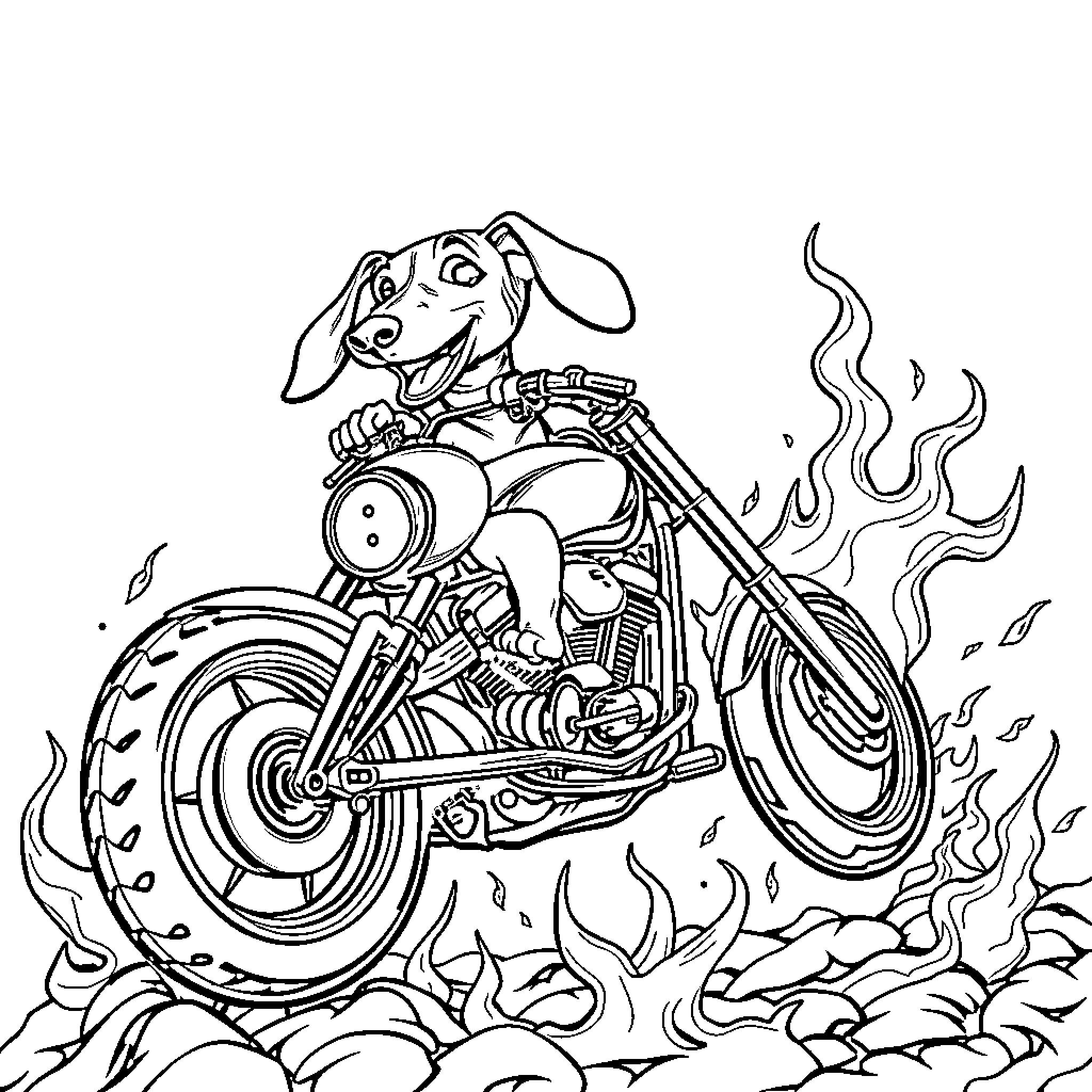 Dachshund riding a motorcycle with flames Coloring Page (free black-and-white line drawing printable PDF for all, from beginners to advanced learners, including children, teens, adults, and seniors)