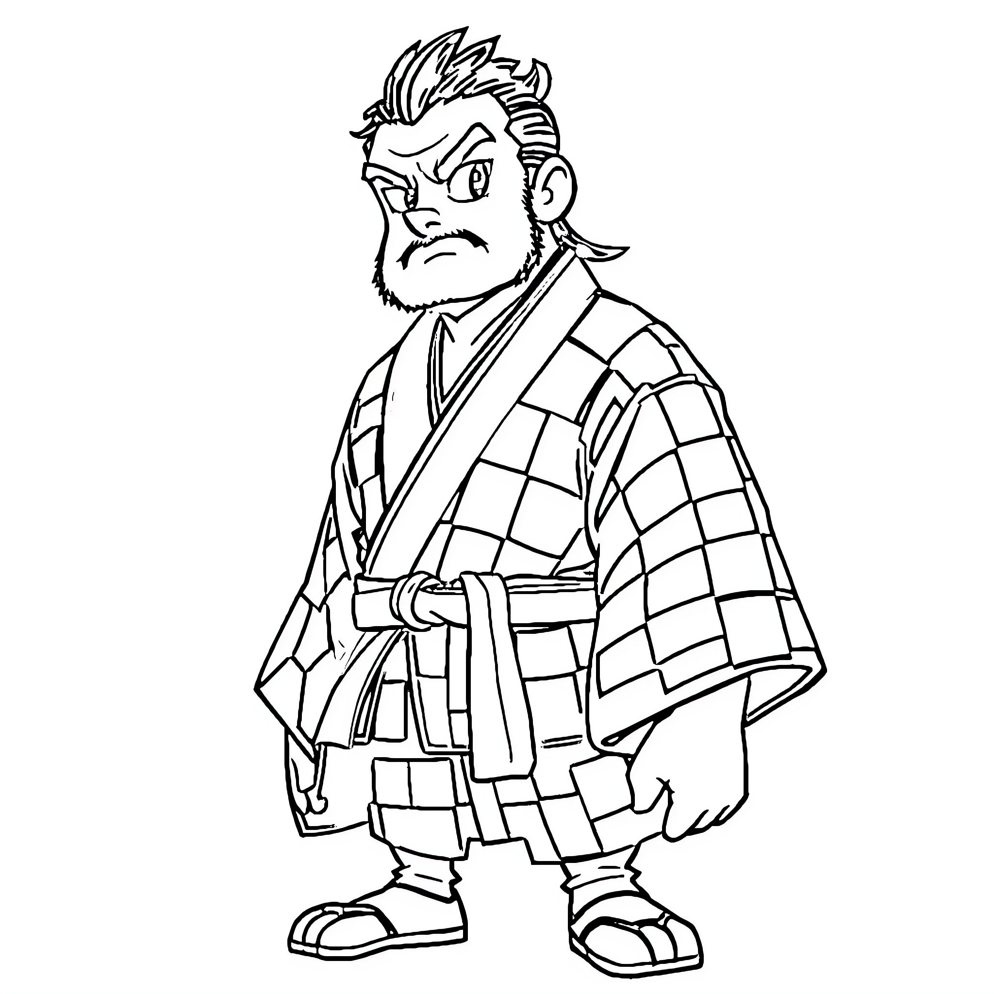 Tanjiro in traditional Japanese attire with a serious expression Coloring Page (free black-and-white line drawing printable PDF for all, from beginners to advanced learners, including children, teens, adults, and seniors)