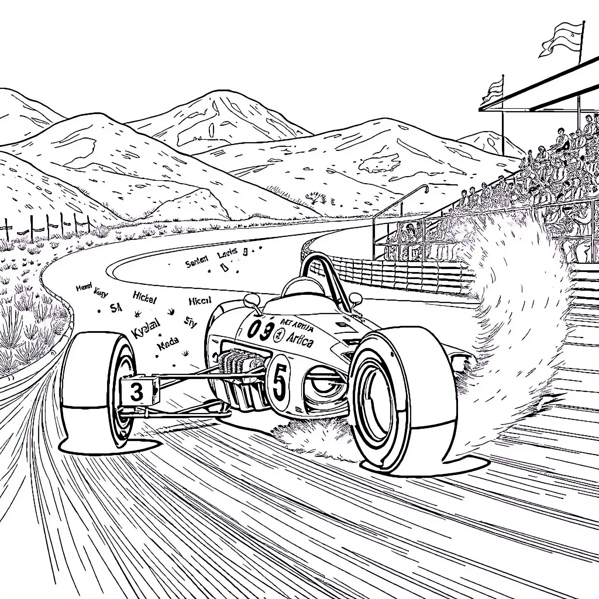 Formula 1 Car Racing Through Mountainous Landscape Coloring Page (free black-and-white line drawing printable PDF for all, from beginners to advanced learners, including children, teens, adults, and seniors)