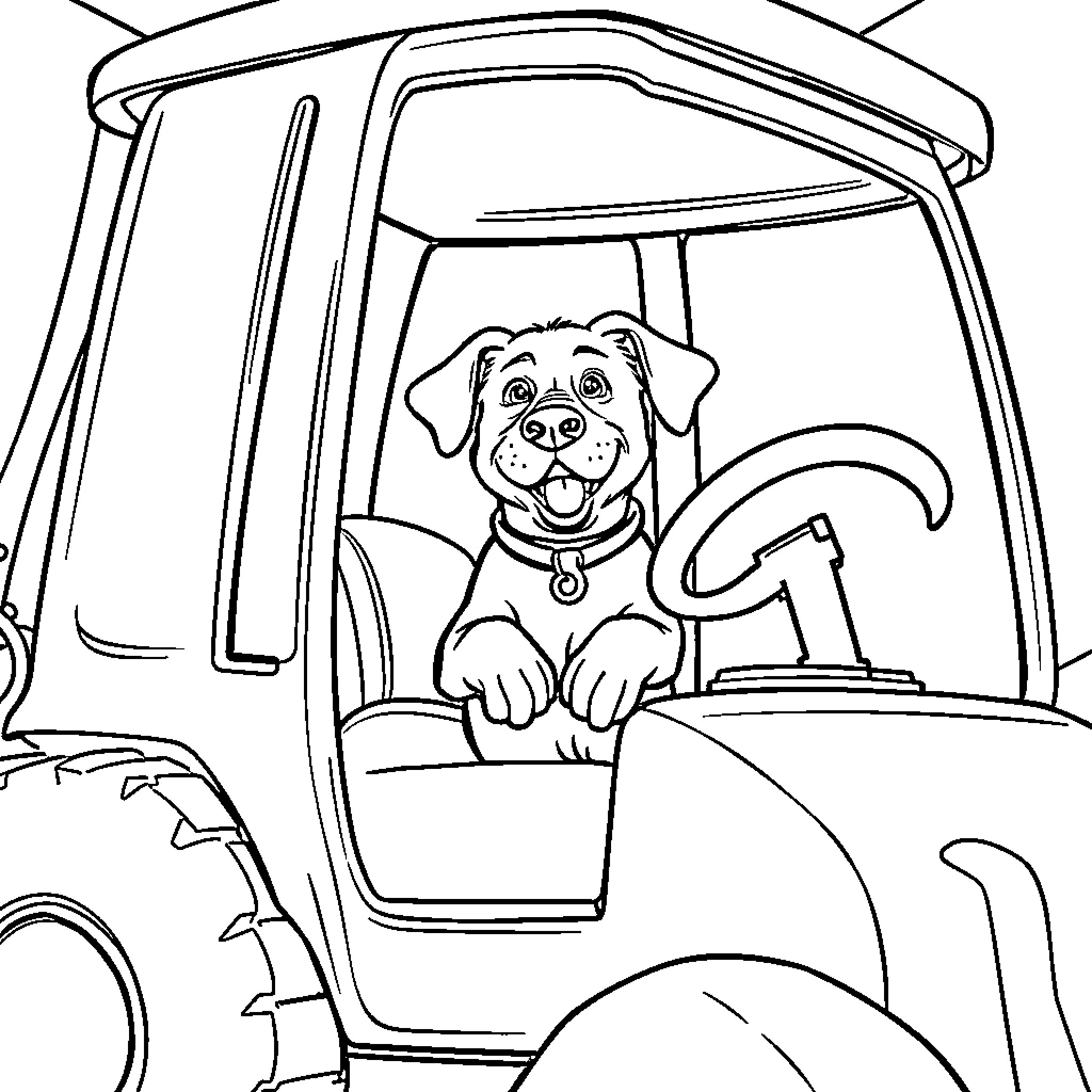 Dog Enjoying Ride in Tractor Coloring Page (free black-and-white line drawing printable PDF for all, from beginners to advanced learners, including children, teens, adults, and seniors)