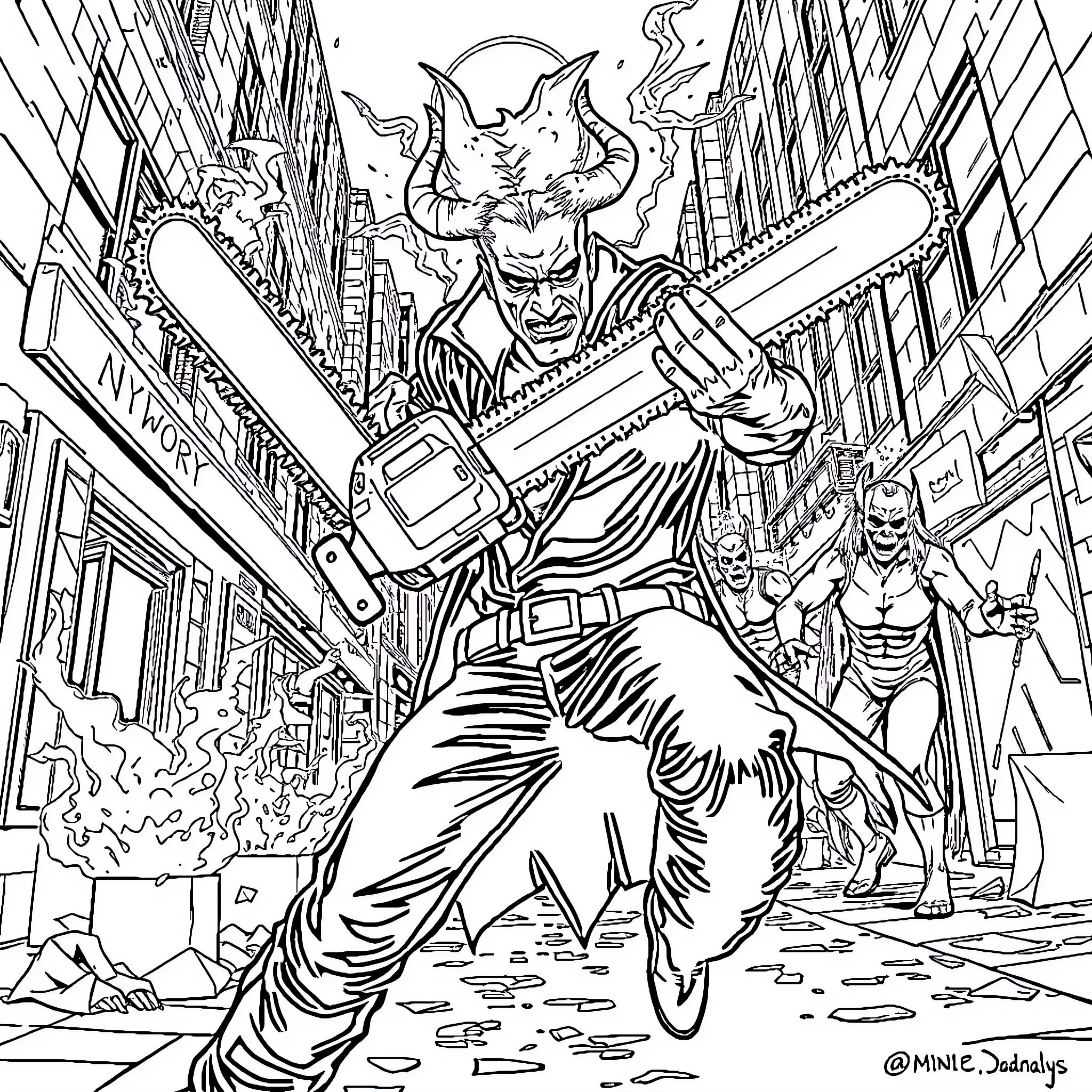Chainsaw Man unleashing chaos in the city Coloring Page (free black-and-white line drawing printable PDF for all, from beginners to advanced learners, including children, teens, adults, and seniors)