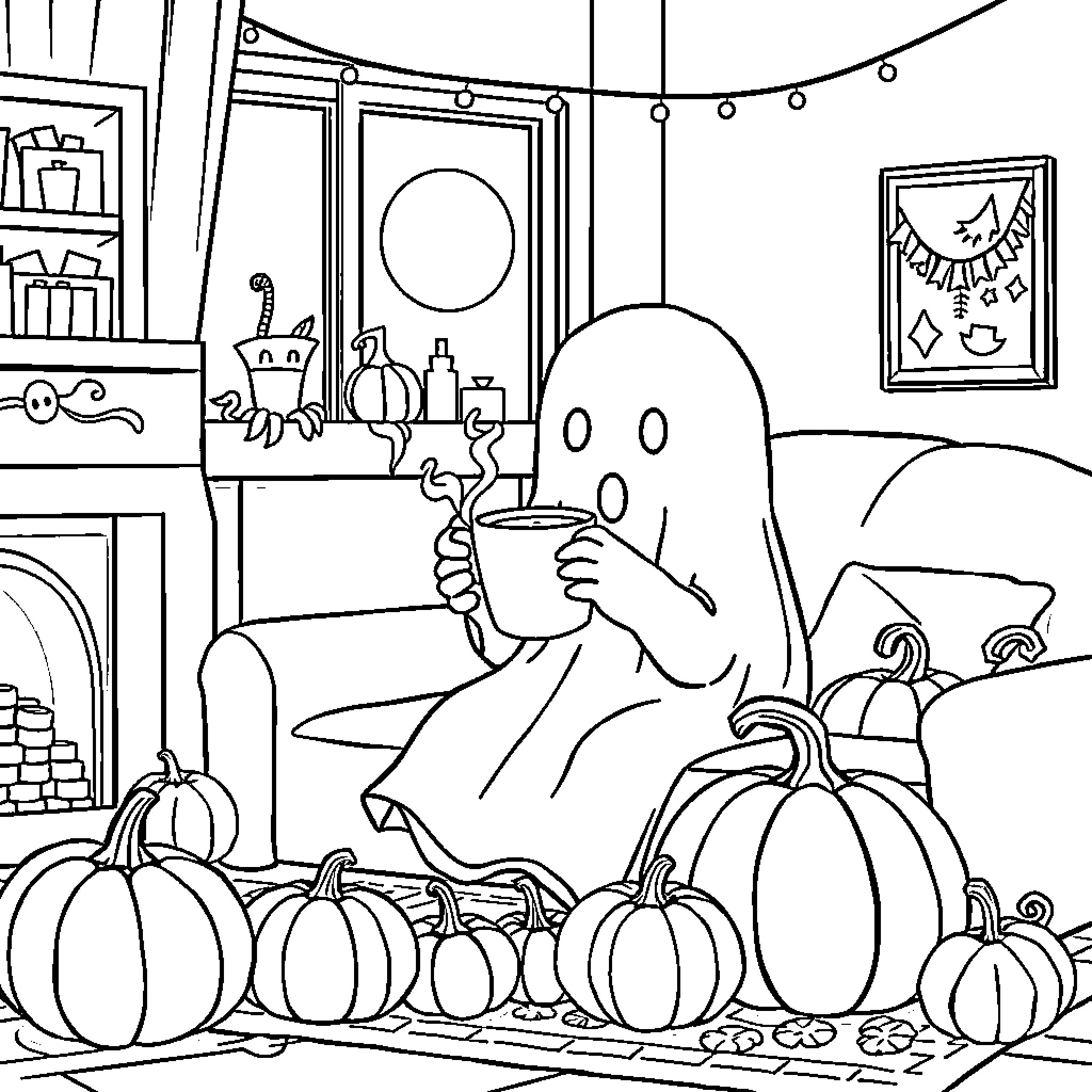 Ghost relaxing with a warm drink in cozy autumn setting Coloring Page (free black-and-white line drawing printable PDF for all, from beginners to advanced learners, including children, teens, adults, and seniors)