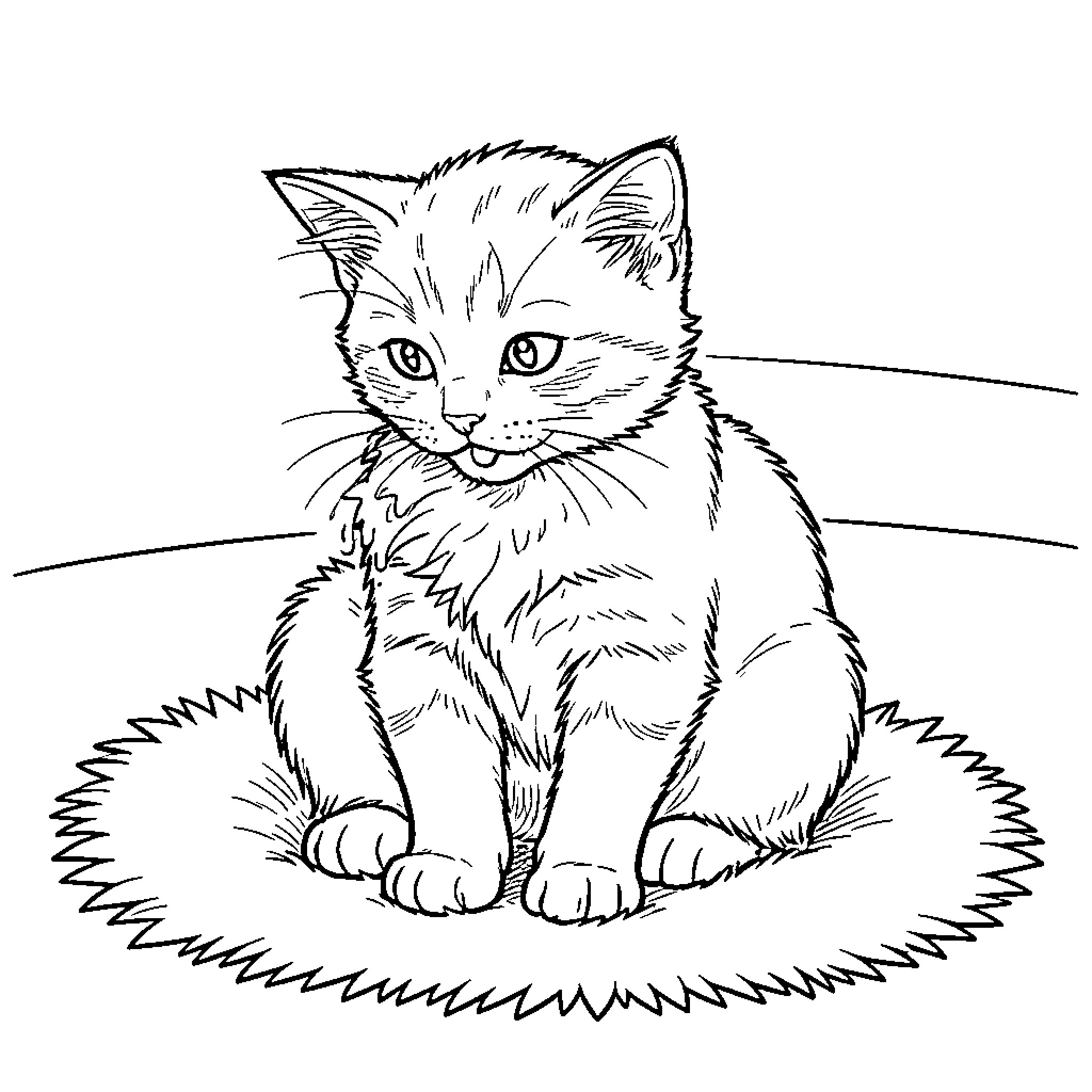Kitten sitting adorably on a rug Coloring Page (free black-and-white line drawing printable PDF for all, from beginners to advanced learners, including children, teens, adults, and seniors)