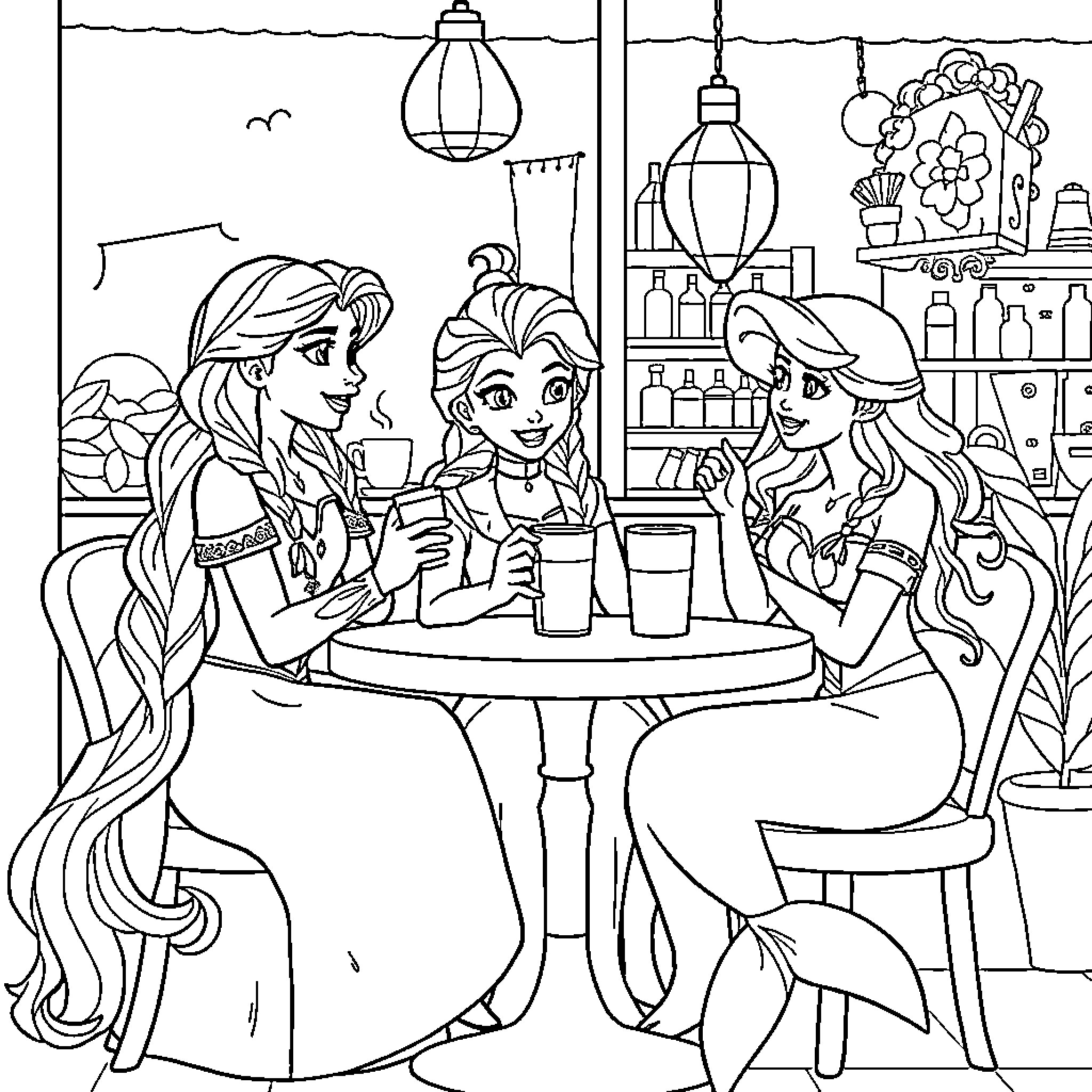 Princess Friends Enjoying a Cafe Gathering Coloring Page (free black-and-white line drawing printable PDF for all, from beginners to advanced learners, including children, teens, adults, and seniors)