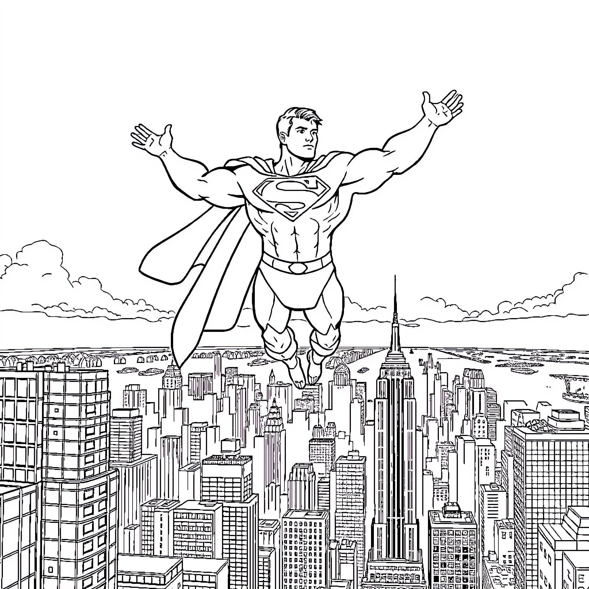 Superman soaring over the city skyline Coloring Page (free black-and-white line drawing printable PDF for all, from beginners to advanced learners, including children, teens, adults, and seniors)
