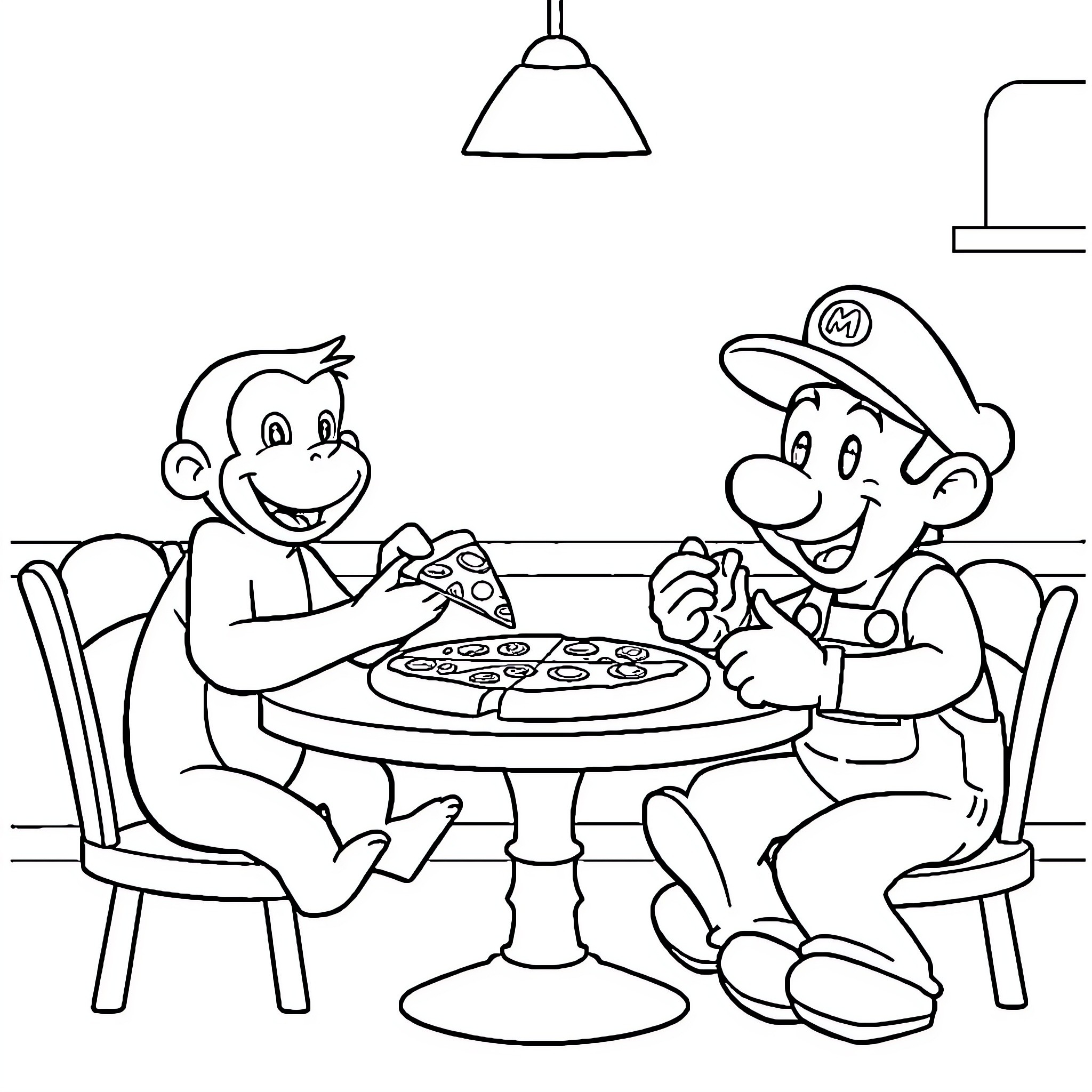 George and Mario enjoy playing video games together Coloring Page (free black-and-white line drawing printable PDF for all, from beginners to advanced learners, including children, teens, adults, and seniors)